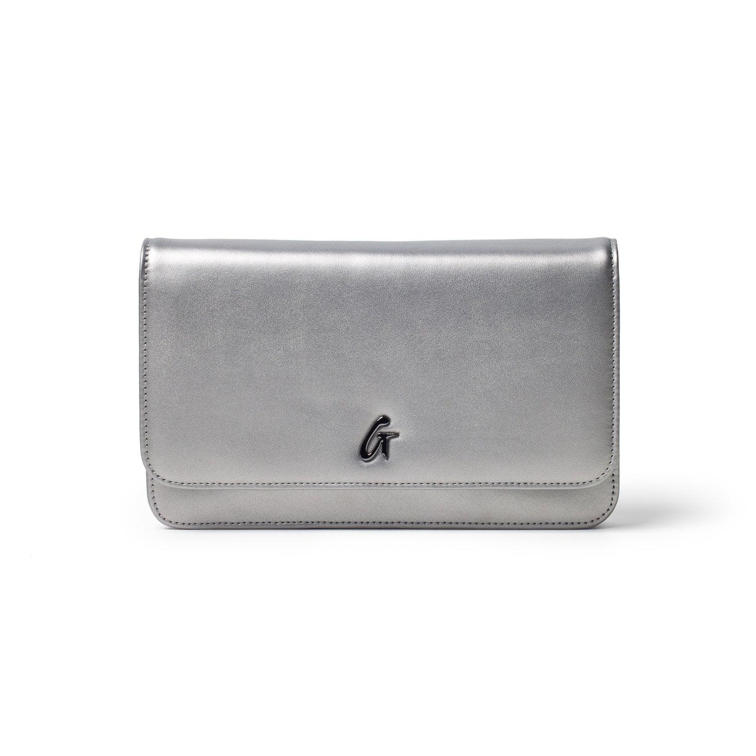 Silver gunmetal-colored women's wallet with a sleek finish, featuring a small black logo on the front.