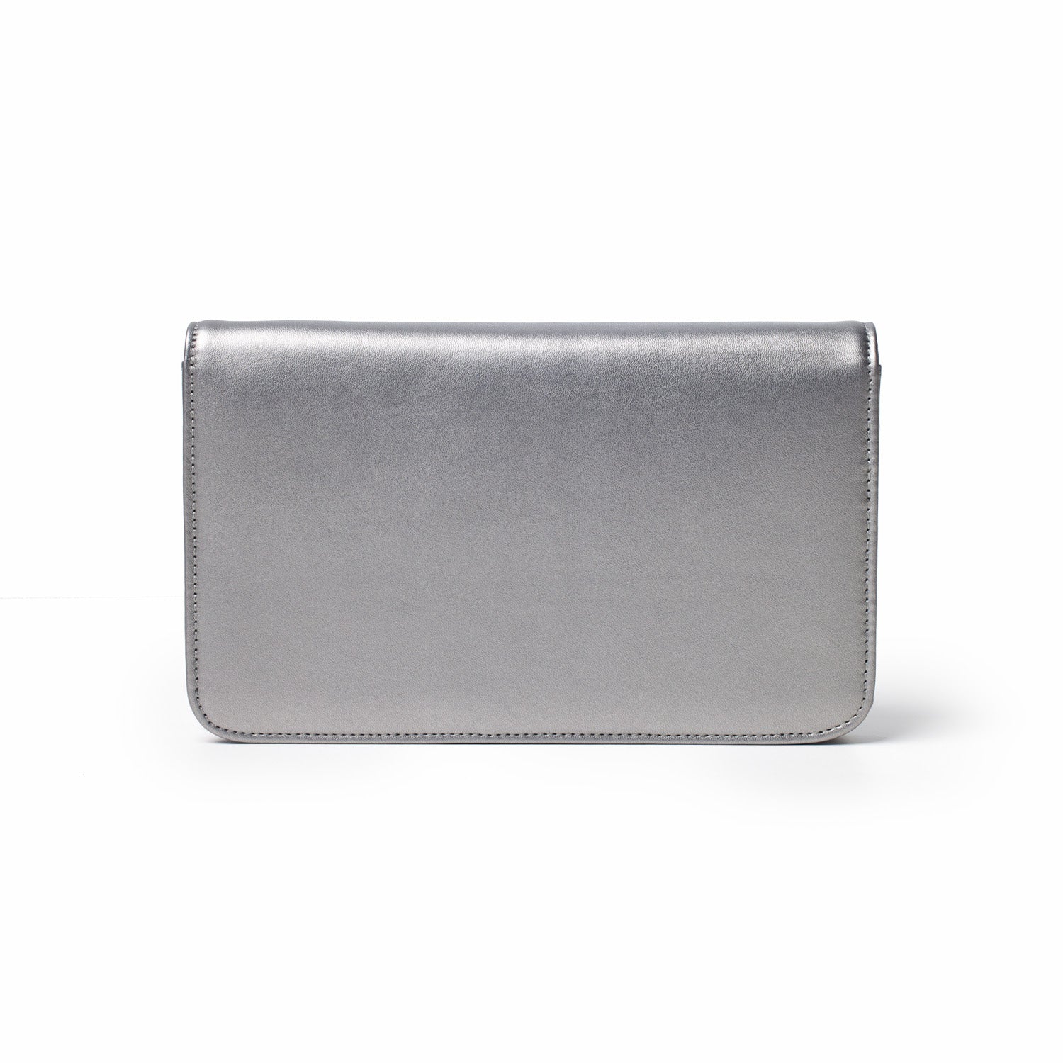 A sleek, gunmetal-colored women's wallet with a smooth, metallic finish and clean stitching, labeled as "STANDARD GUNMETAL WOC - PLATINUM.