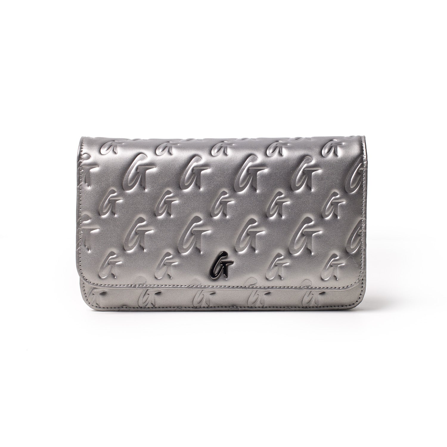 Monogram Gunmetal WOC in platinum, a sleek metallic clutch with embossed G pattern and a small G logo on the front.