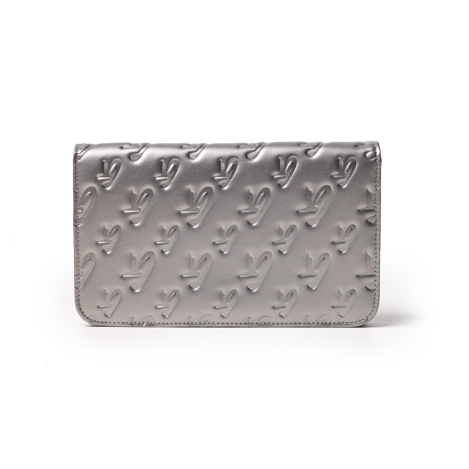Monogram Gunmetal WOC clutch in gunmetal gray with embossed logo pattern and platinum accents, sleek and stylish.