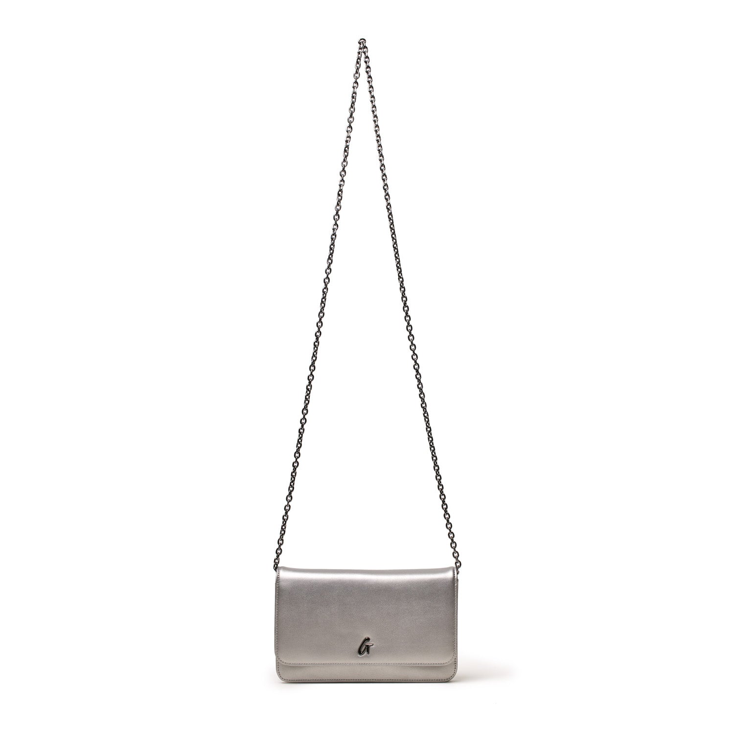 A gunmetal-colored WOC handbag with a chain strap and a small logo on the front, featuring a sleek, metallic finish.