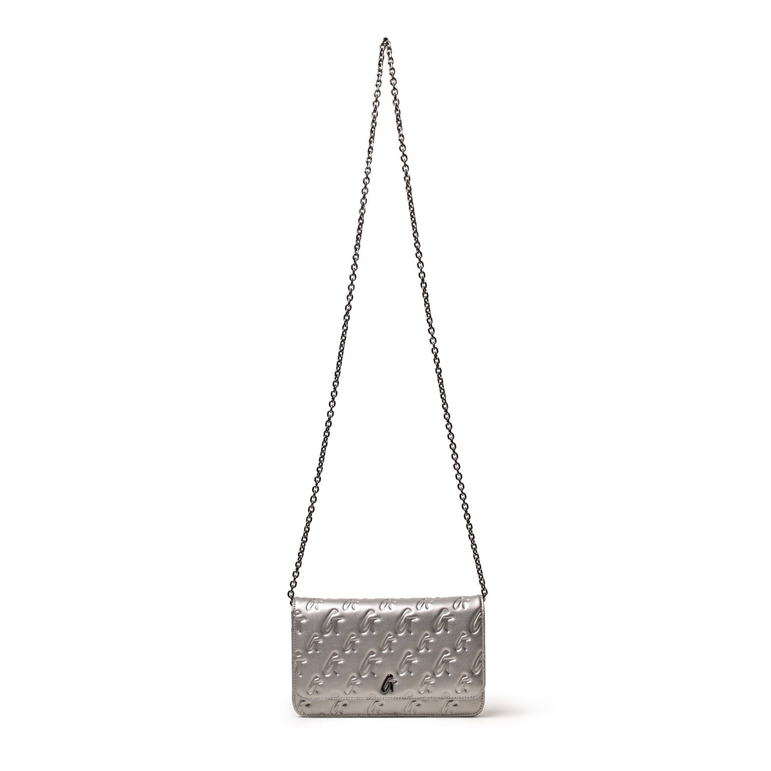 Monogram Gunmetal WOC platinum handbag with embossed logo pattern and a chain strap, stylish and compact accessory.