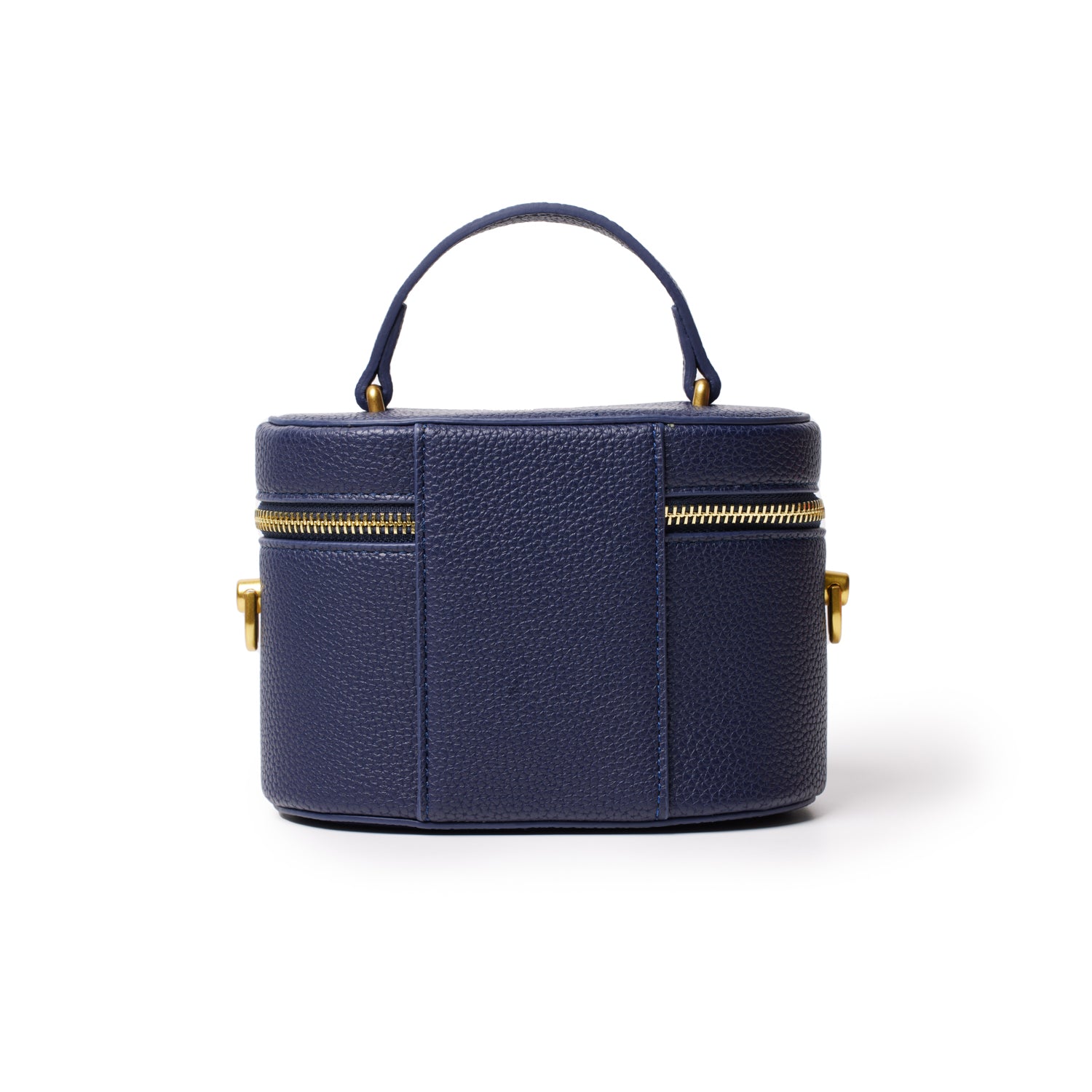 Mini navy pebble leather vanity bag with gold zipper and top handle, compact and stylish for travel essentials.