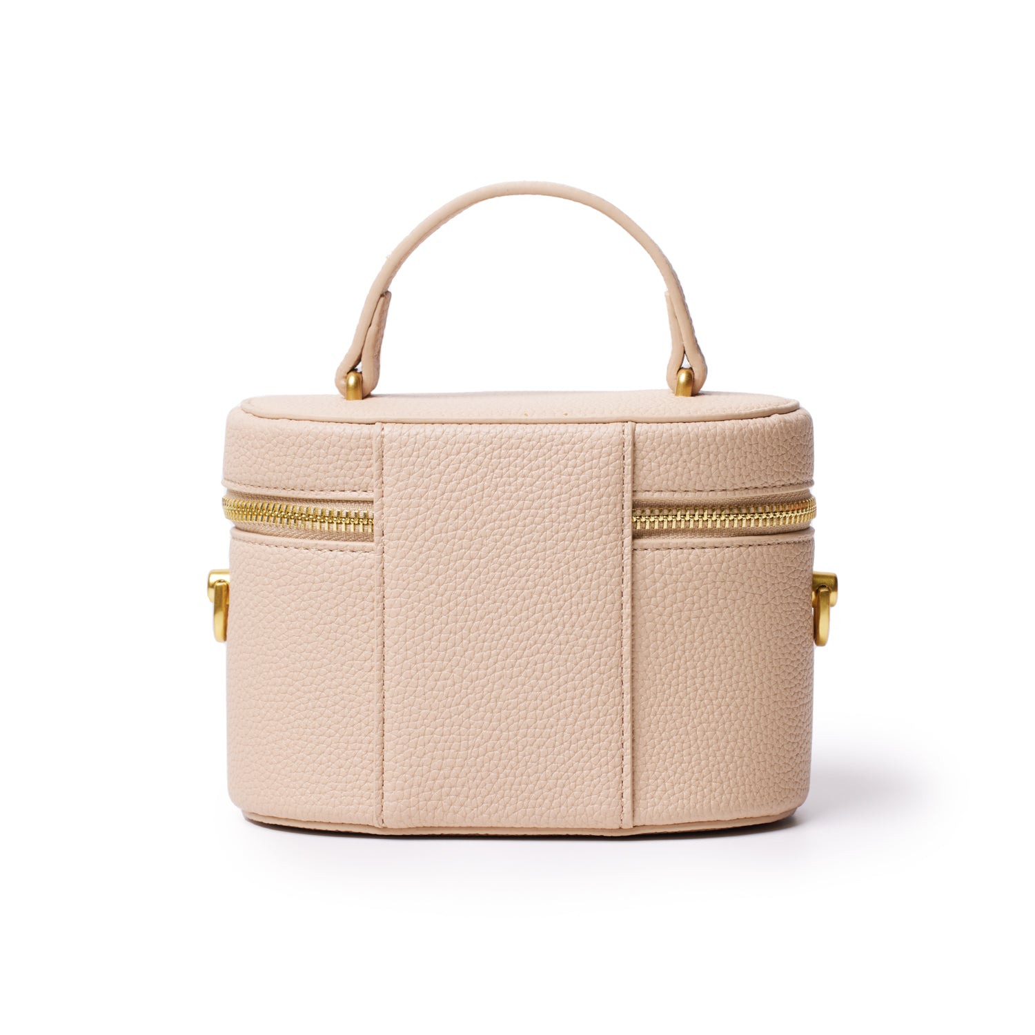 Mini pebble nude vanity bag with gold zipper and handle, textured leather finish, compact and stylish for travel.