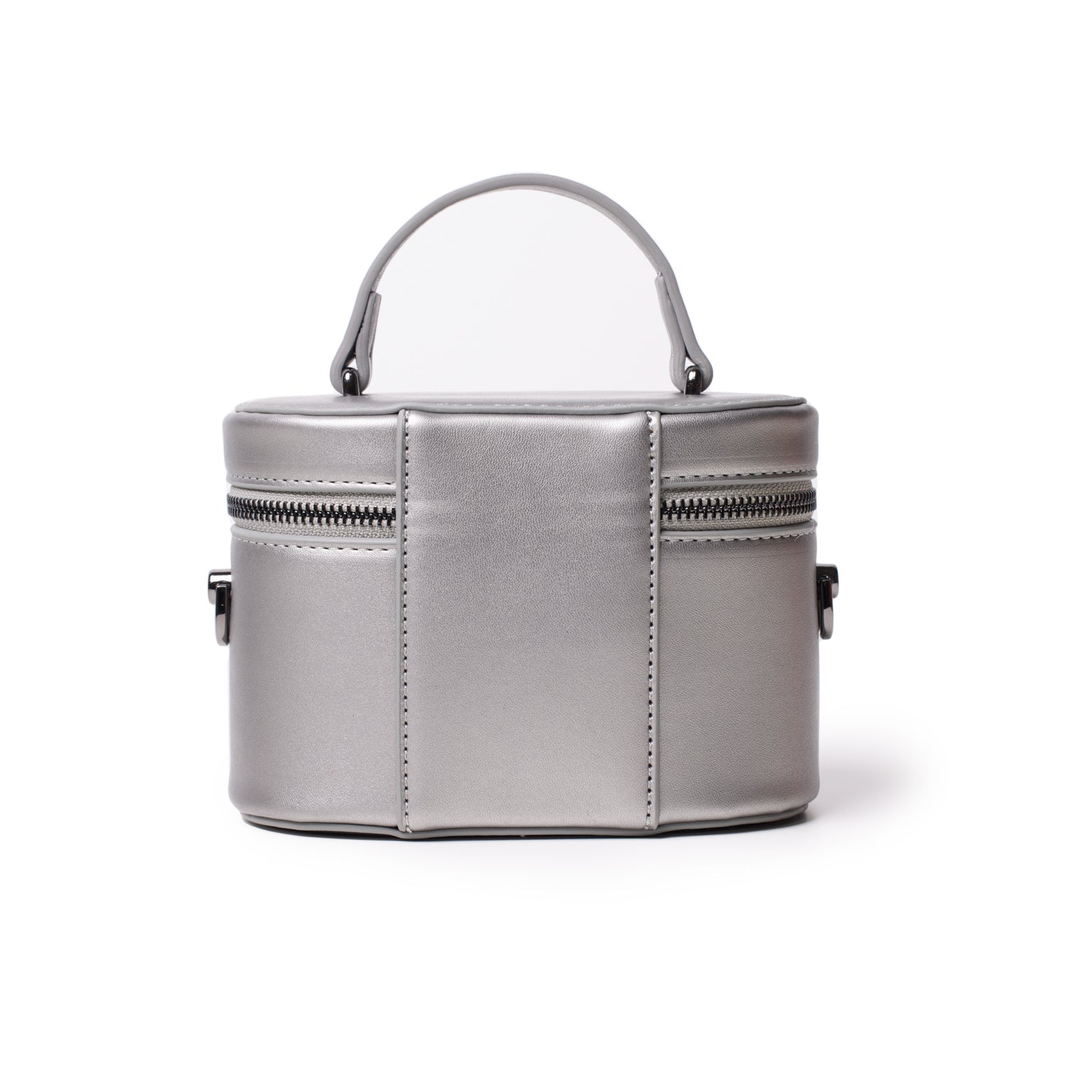 Mini smooth gunmetal platinum vanity bag with a top handle, zippered compartments, and sleek metallic finish.