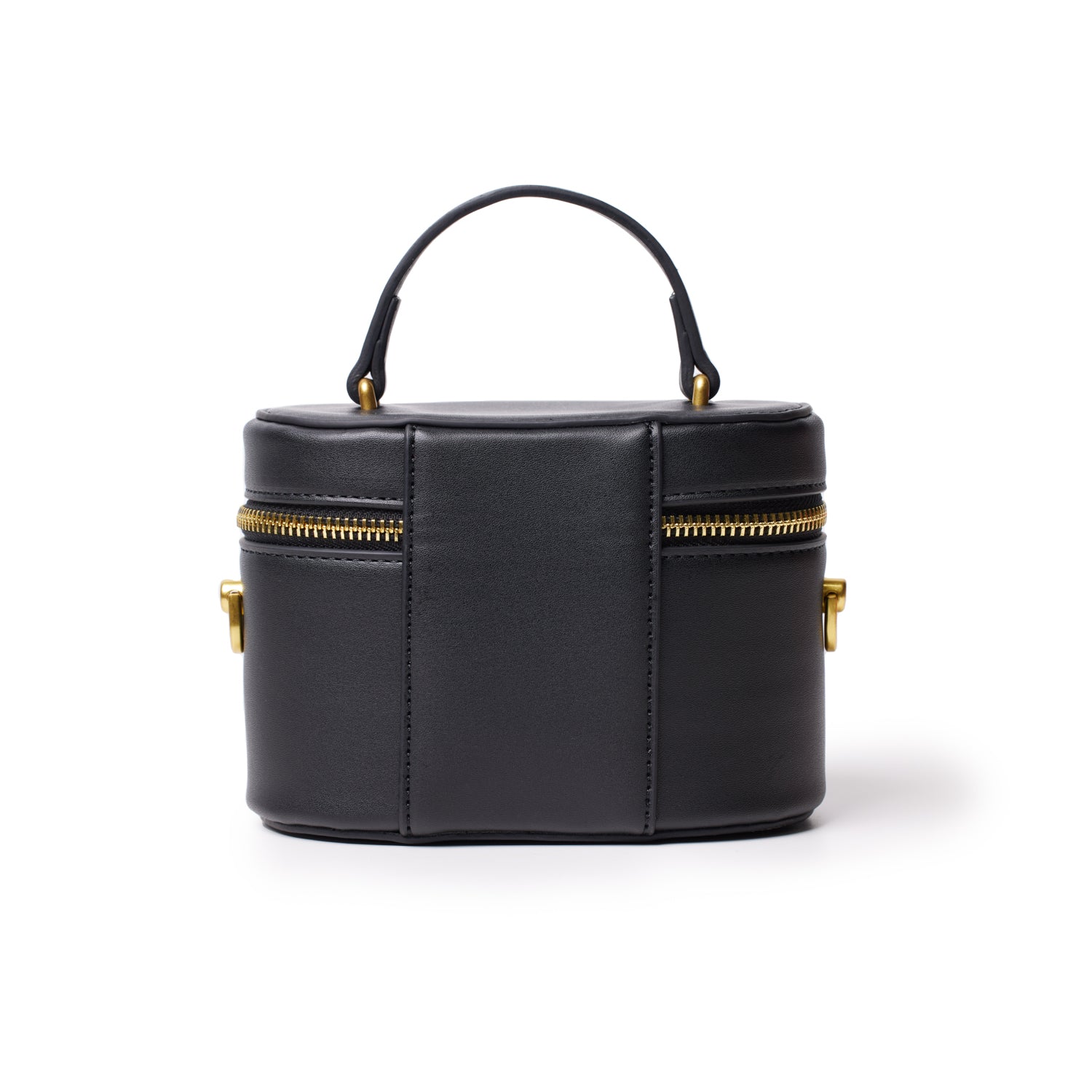 Small black vanity bag with a smooth finish, gold zipper, and handle, designed for stylish storage on the go.