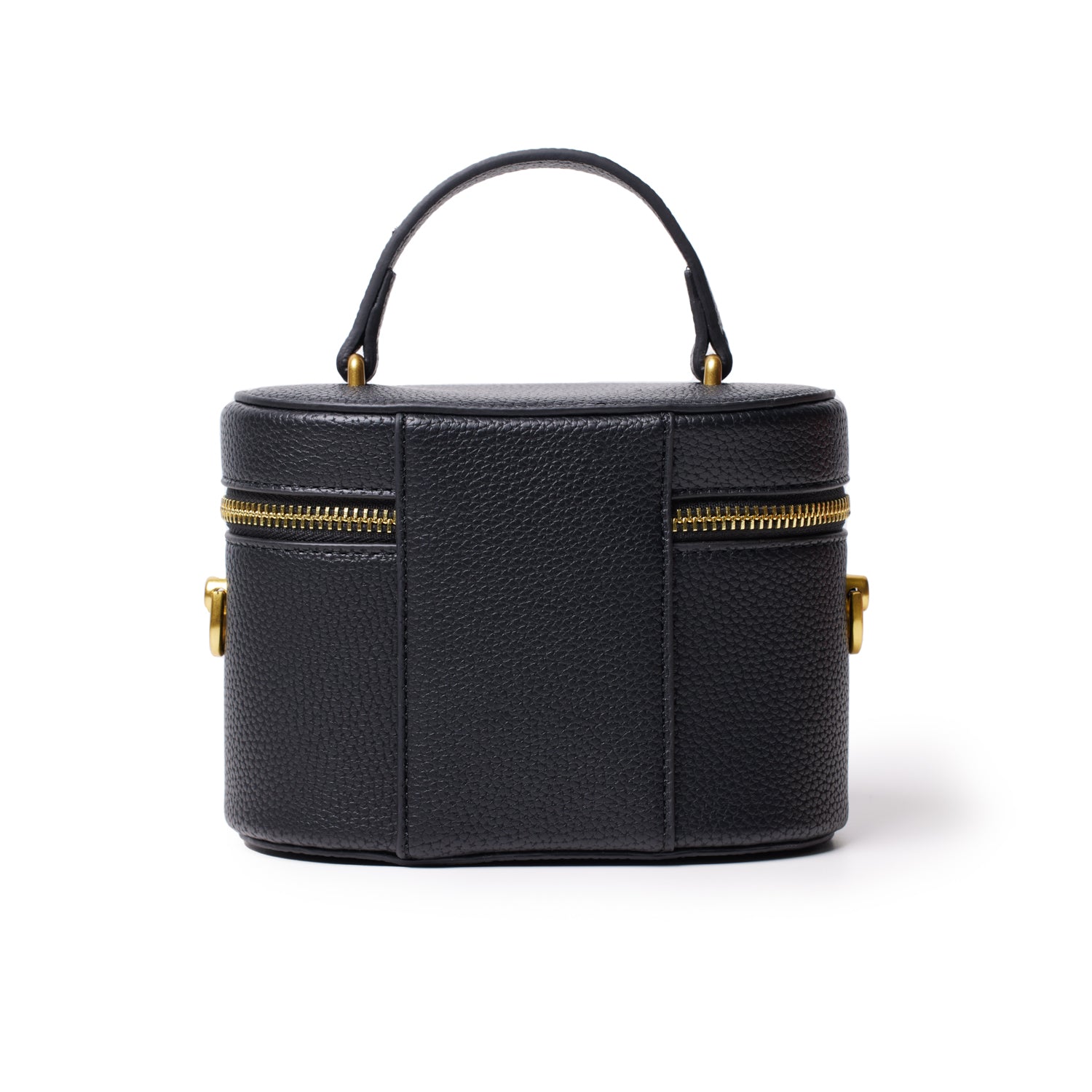 Black mini pebble vanity bag with gold zipper and handle, compact and stylish for travel or daily use.