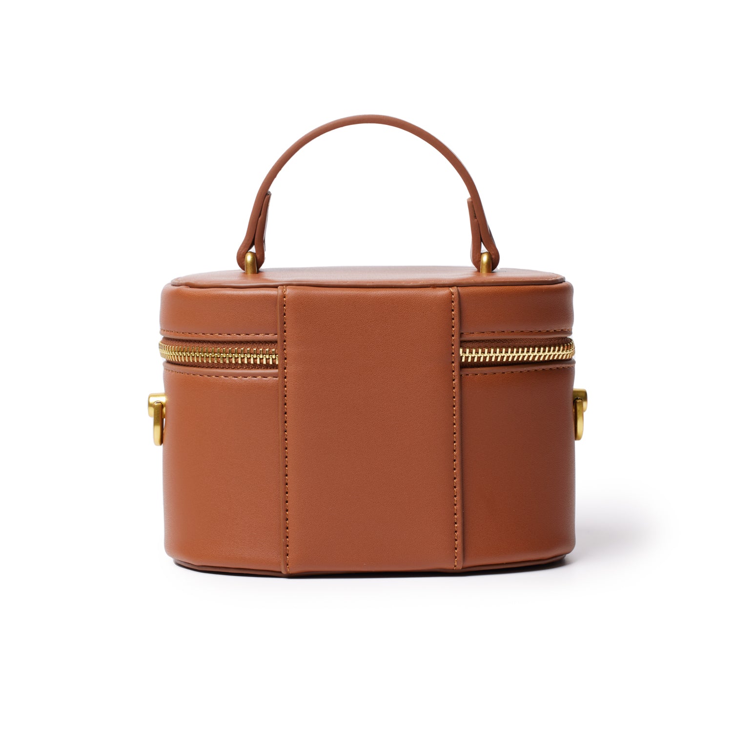 Mini smooth gold vanity bag in brown with a top handle, gold zipper, and sleek, compact design.