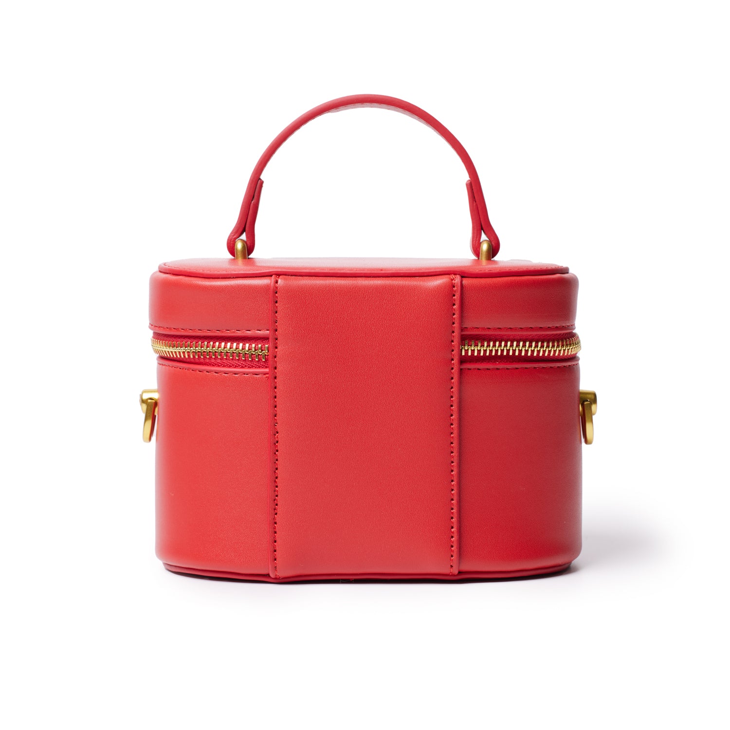 Red mini smooth gold vanity bag with a top handle and gold zipper details, compact and stylish for essentials.