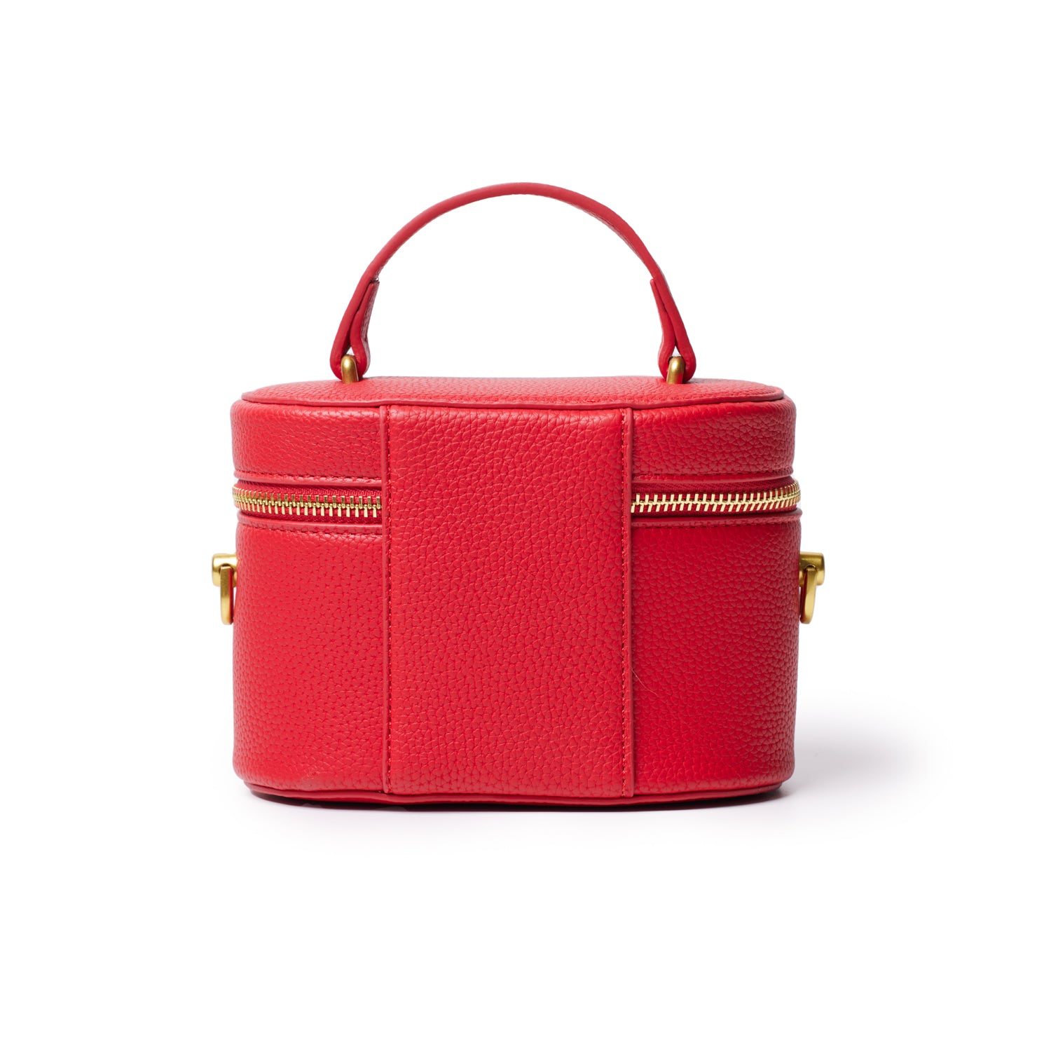 Red mini pebble vanity bag with gold zipper, top handle, and textured leather finish.