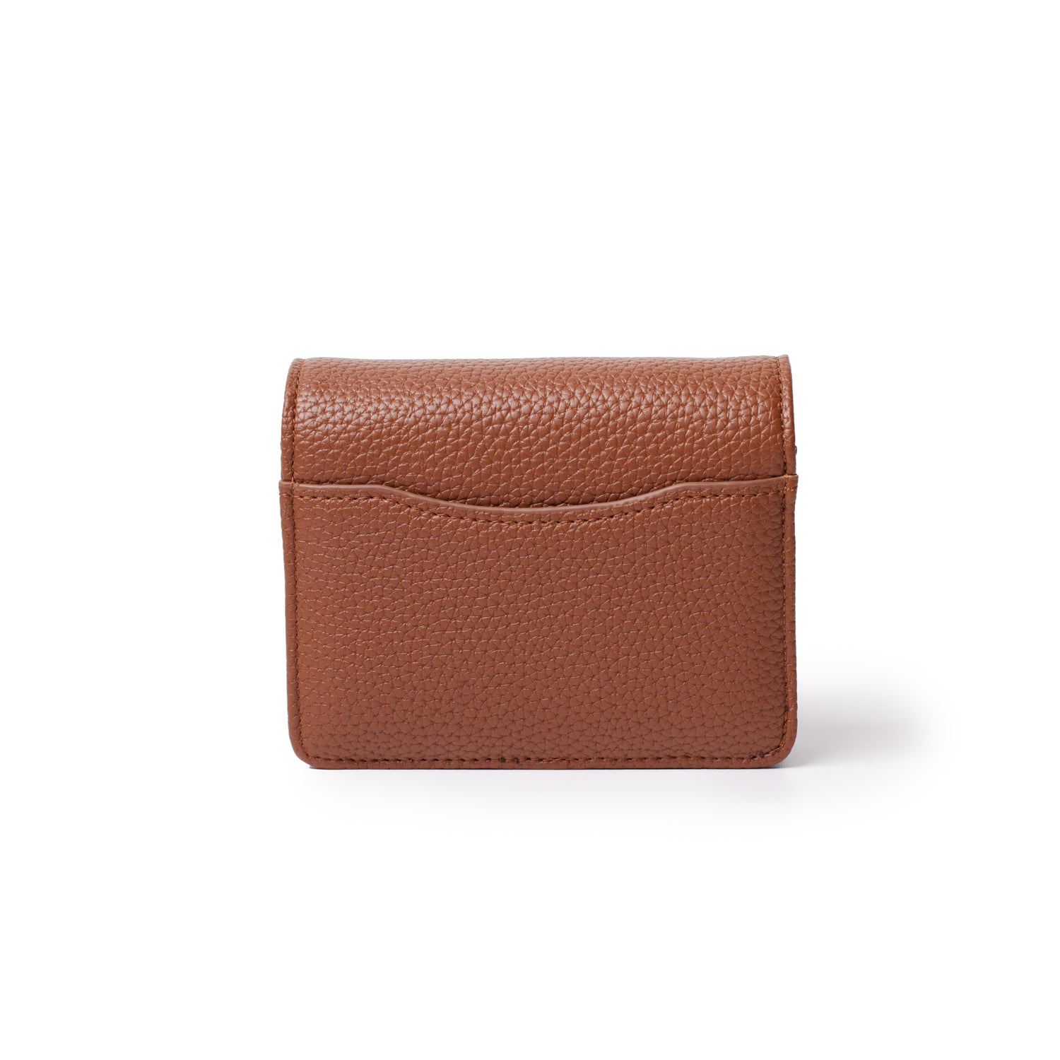 Mini Pebble WOC in brown, a small textured leather wallet with a front pocket and curved top edge, on a white background.
