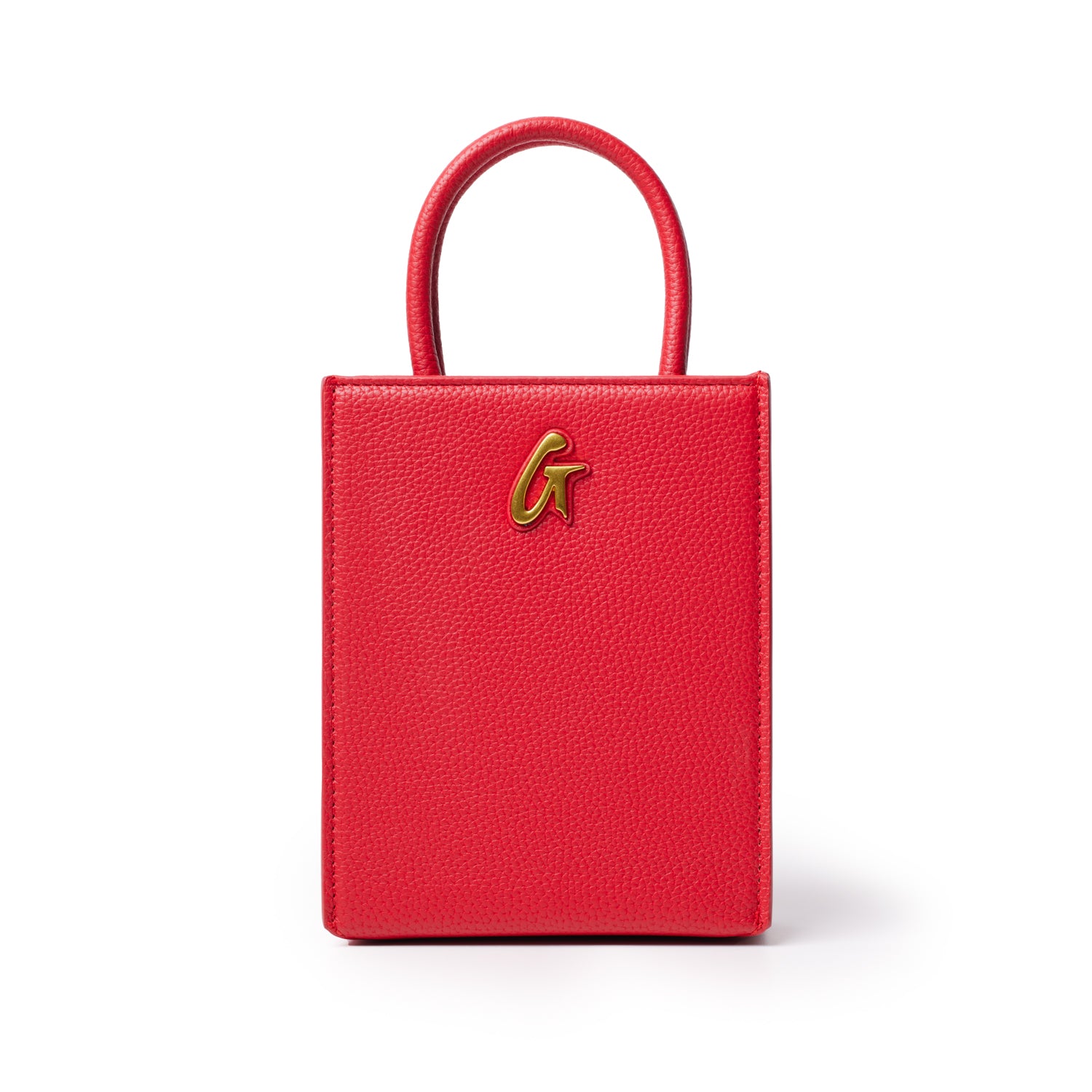 Red mini pebble tote bag with a gold "G" logo, featuring textured leather and a small, structured design.
