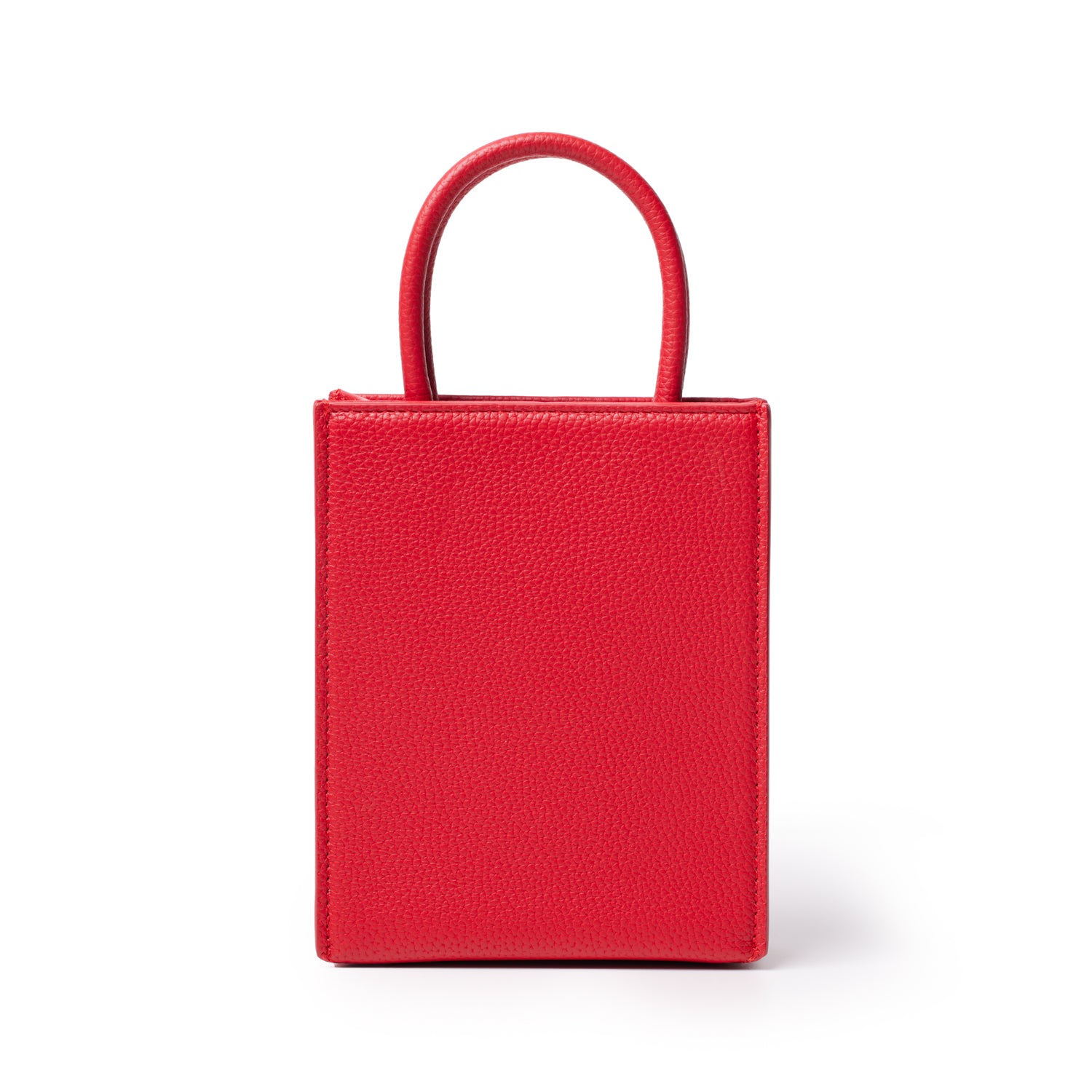 Red mini pebble tote bag with textured leather, small rectangular shape, and rounded handles.