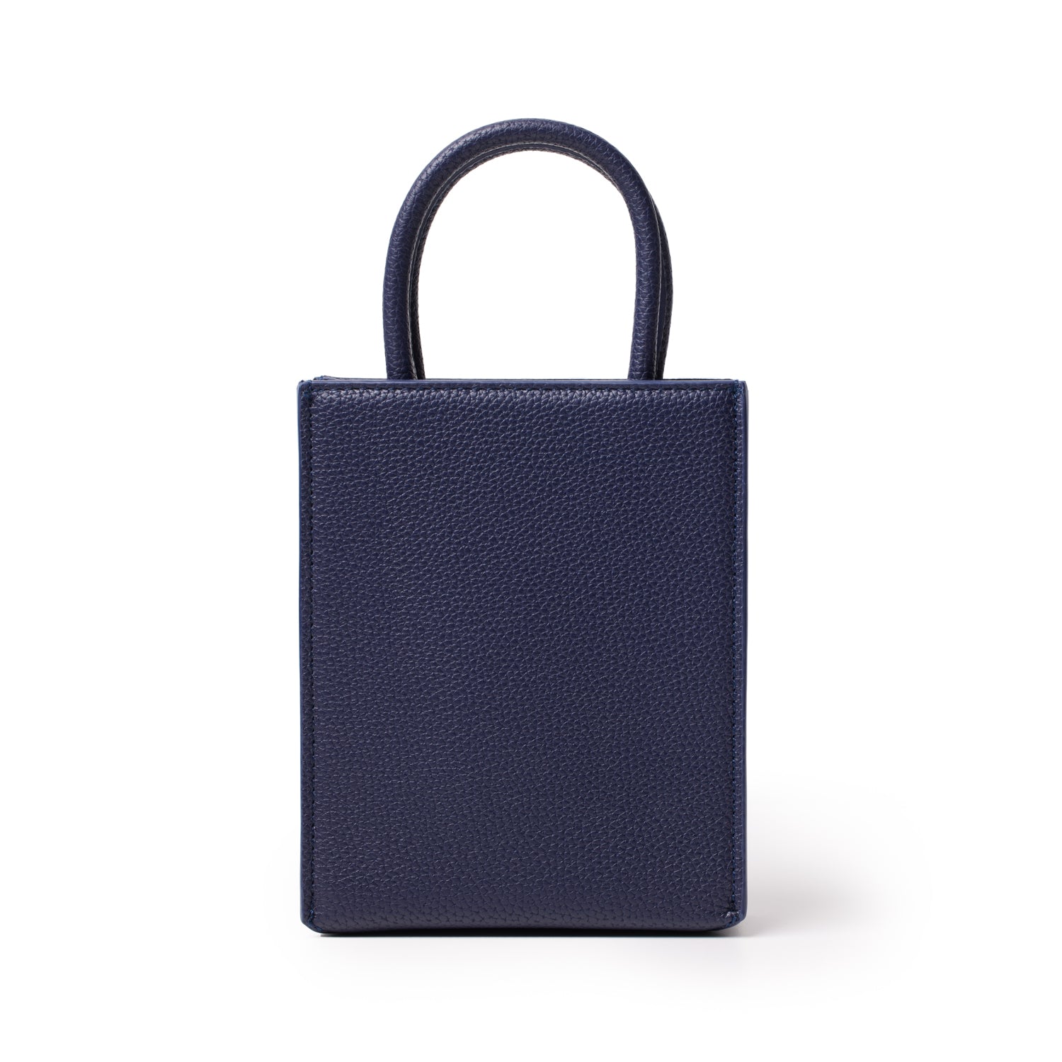 Mini pebble tote bag in navy blue with textured leather finish and top handles, compact and stylish for everyday use.