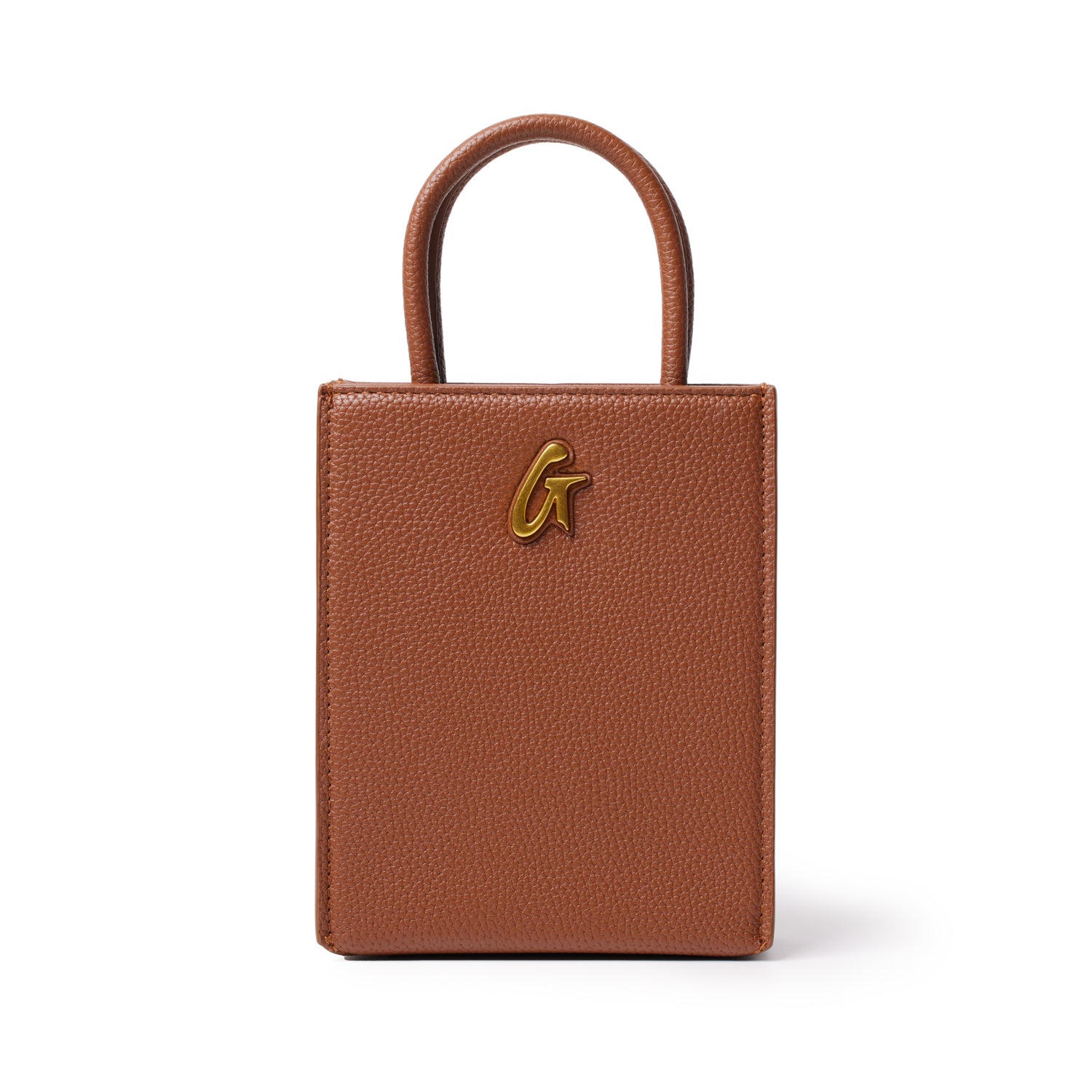 Mini pebble tote bag in brown with a gold-tone logo accent and top handle, made from textured pebbled leather.