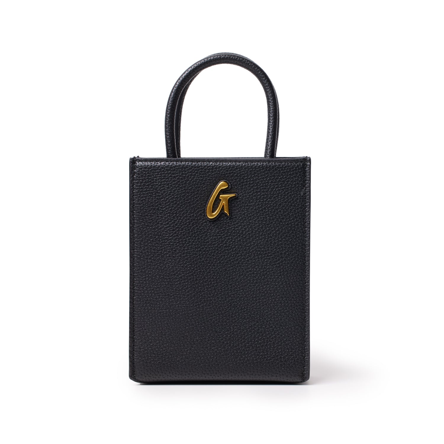 Black mini pebble tote bag with a gold logo accent, featuring textured leather and two top handles.