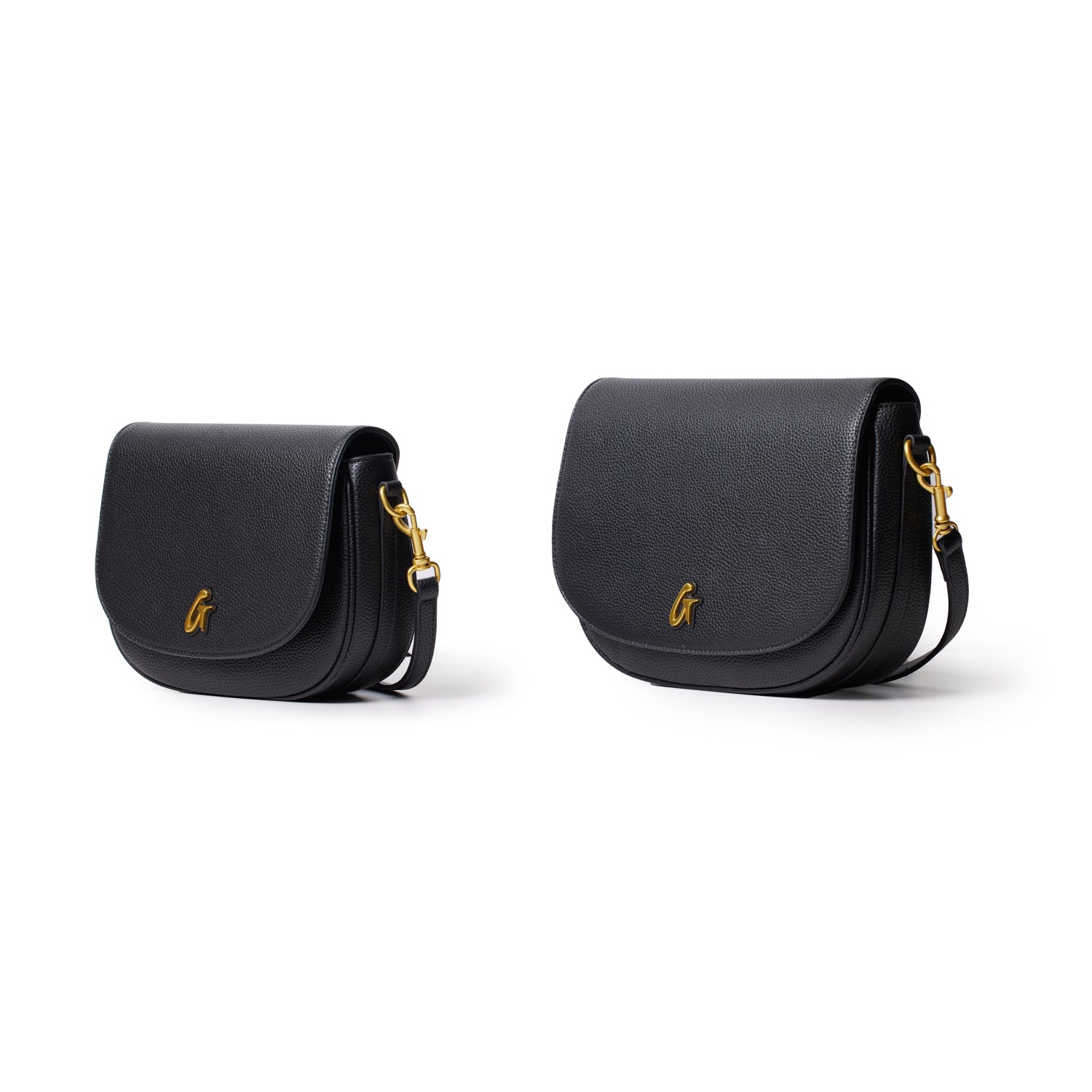 Two black pebble leather shoulder bags with gold hardware and a small gold logo, shown in different sizes against a white background.