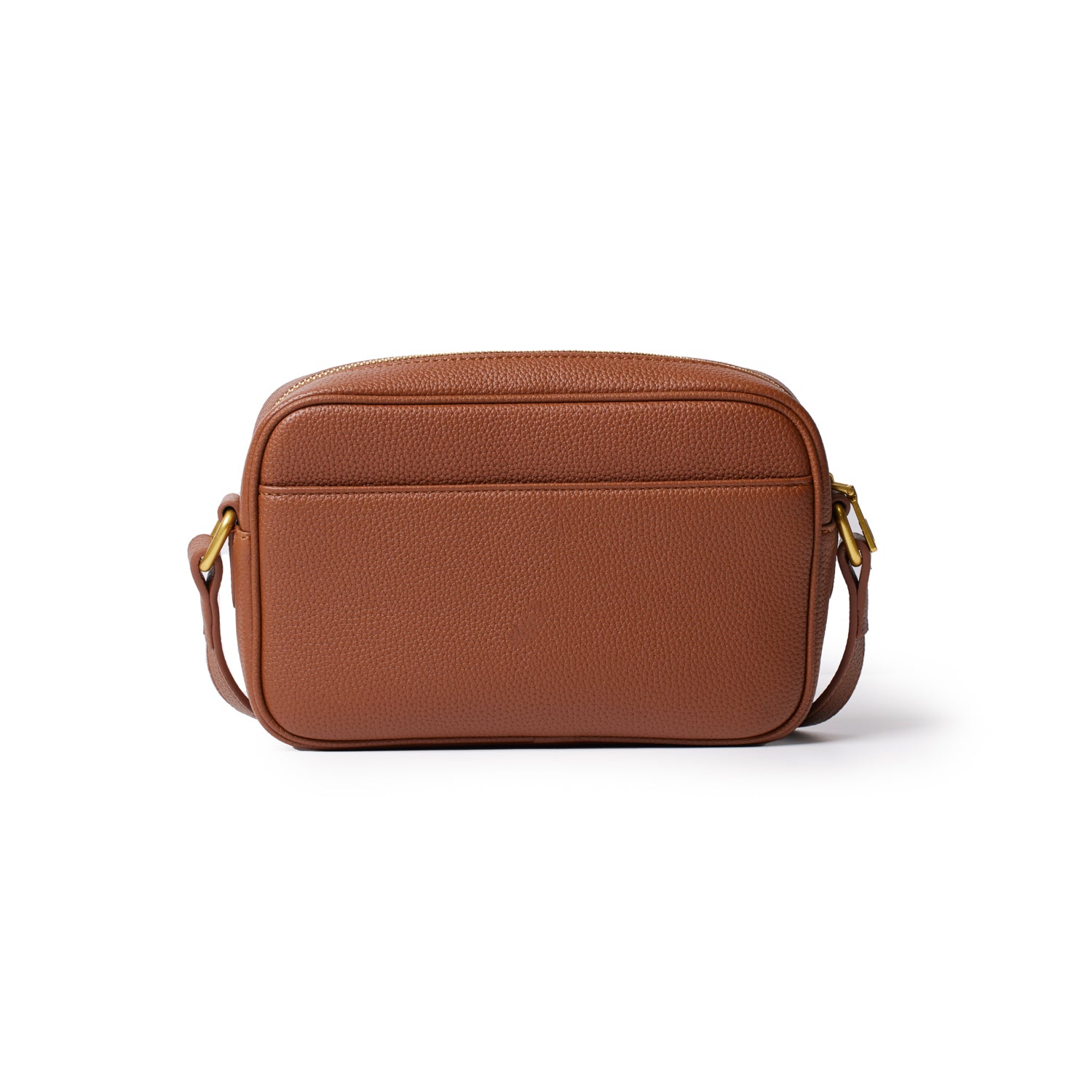 Brown pebble-textured camera bag with a front zip pocket and gold hardware, designed for stylish camera storage.