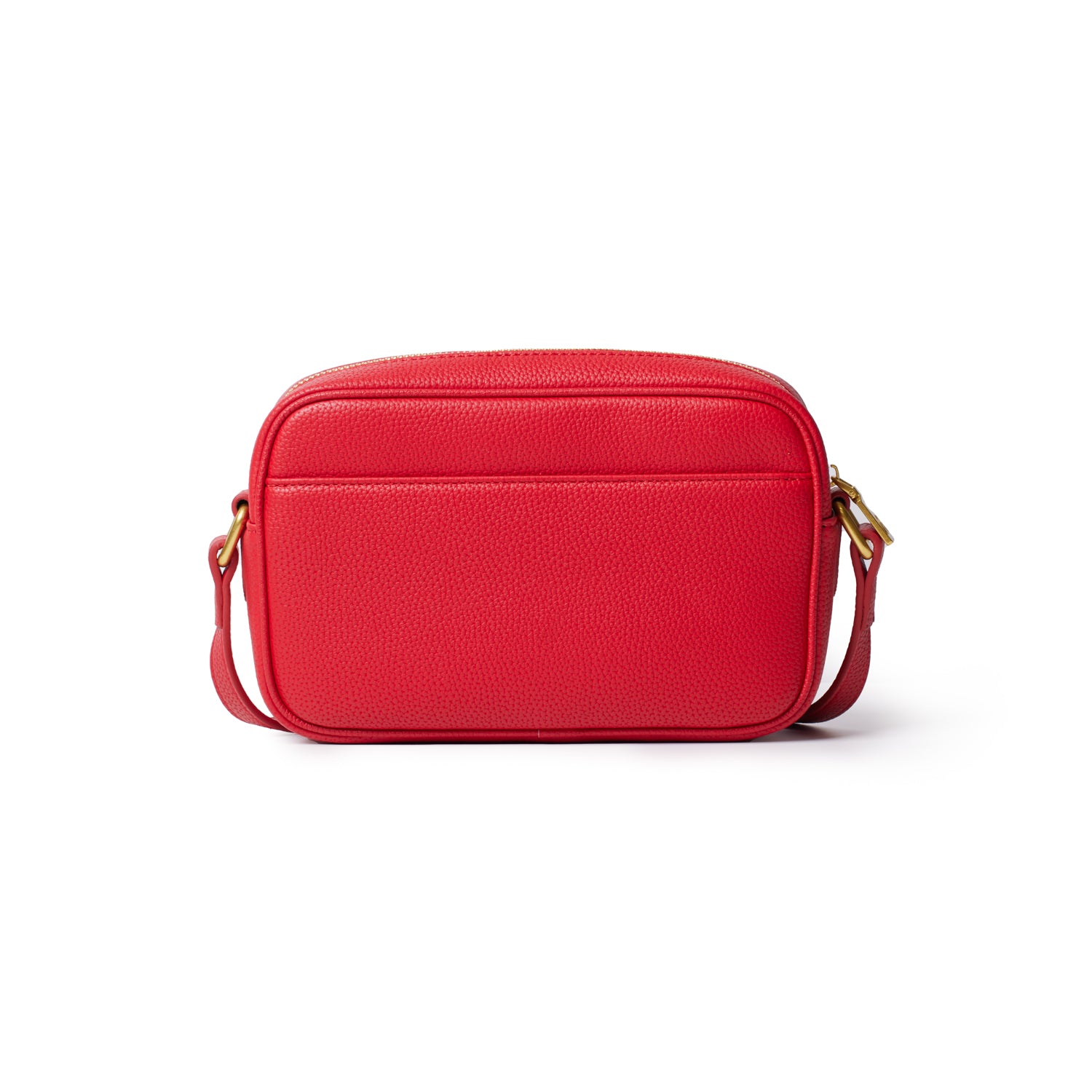 Red pebble leather camera bag with a front zip pocket and gold-tone hardware, designed for stylish camera storage.