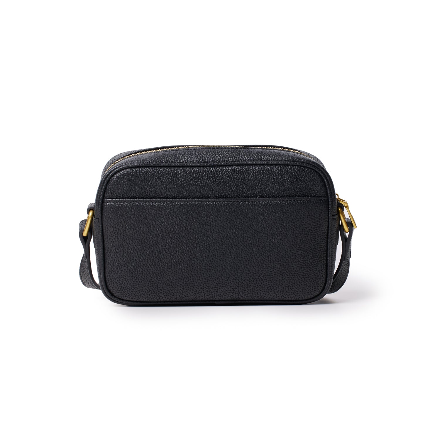 Black leather camera bag with gold zipper and adjustable strap, designed for storing and carrying camera accessories.