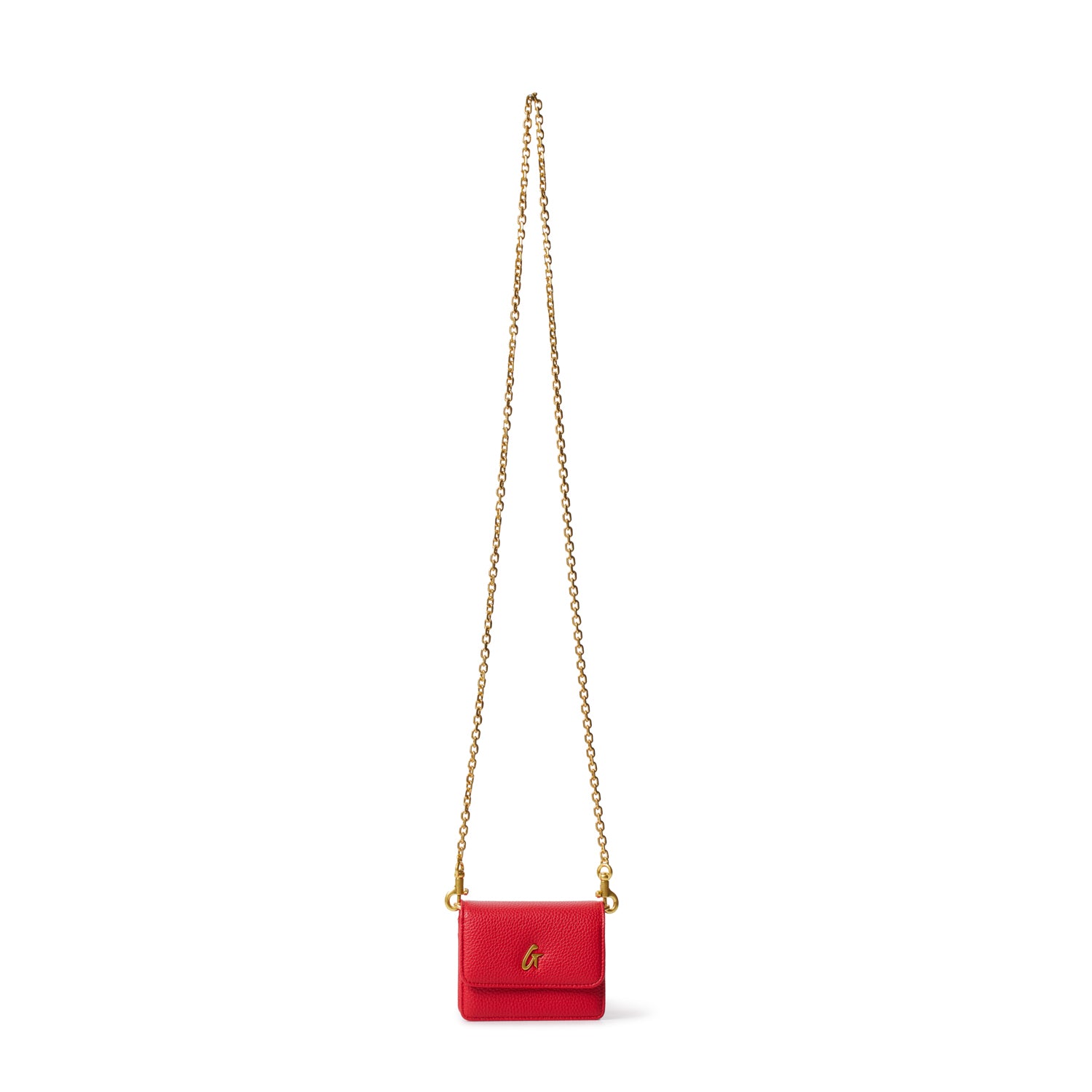 Red mini pebble leather crossbody bag with a gold chain strap and a small gold logo on the front.