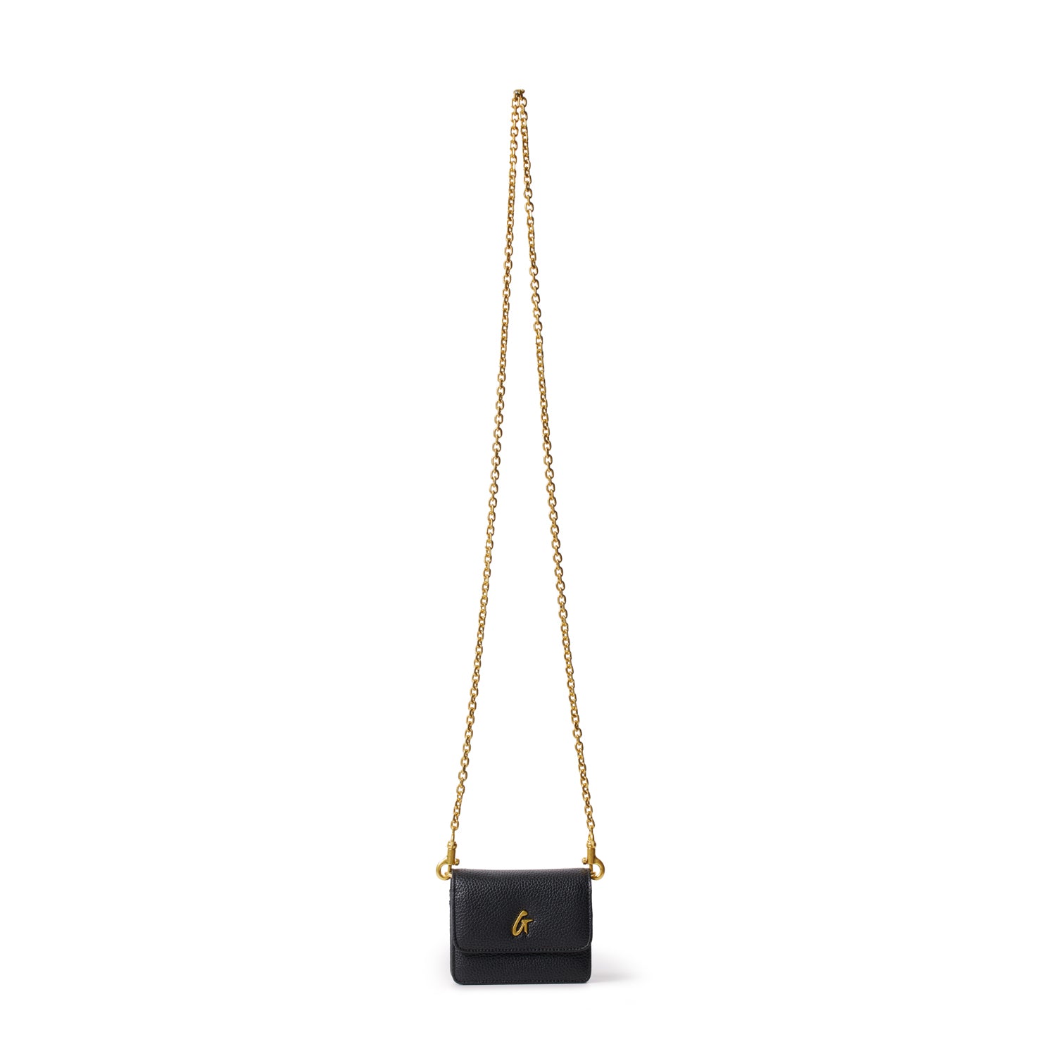 Mini Pebble WOC in black with a gold chain and logo, compact leather crossbody bag for elegant everyday use.
