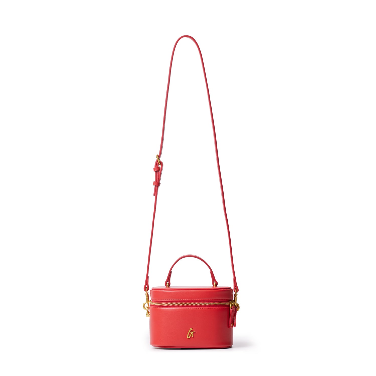 Red mini smooth gold vanity bag with a zip closure, gold accents, and a detachable shoulder strap.