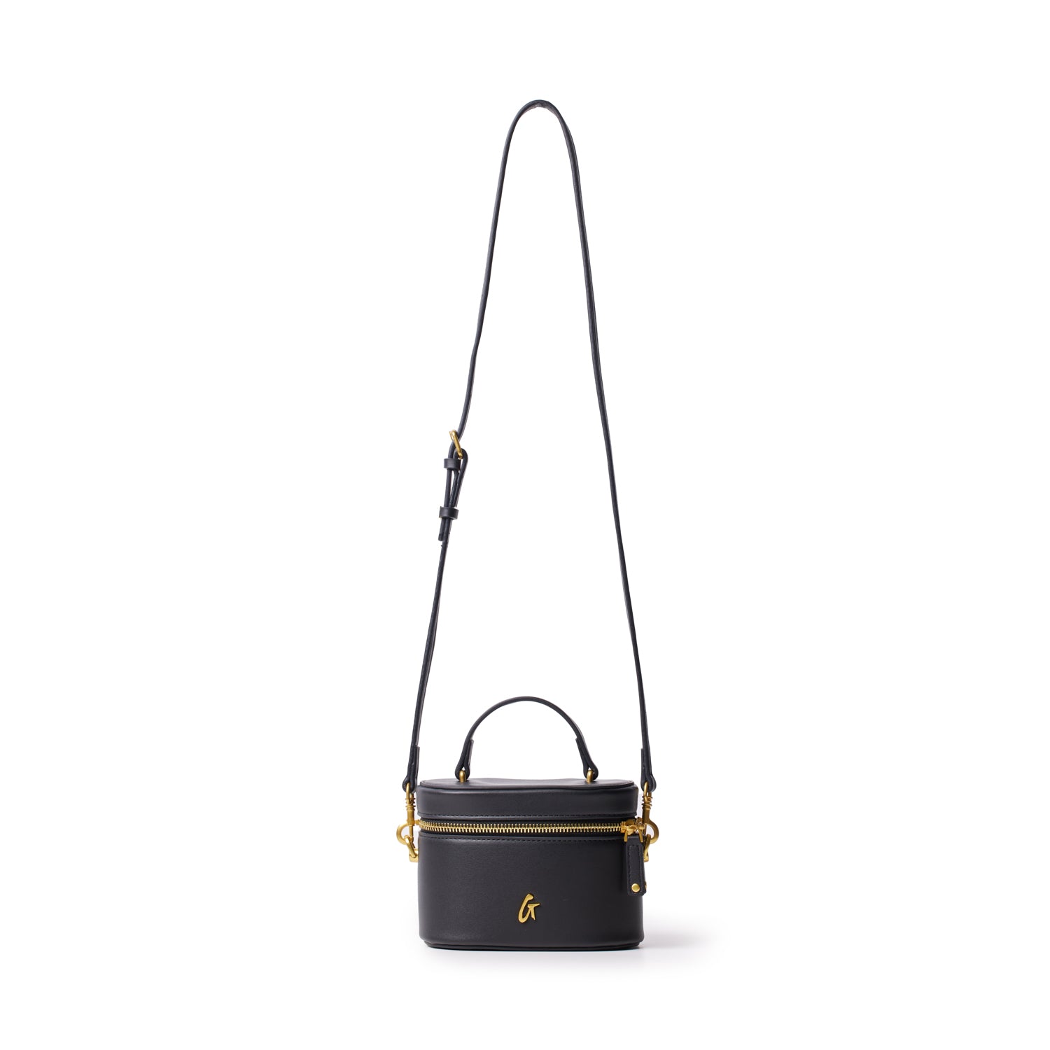 Small black vanity bag with a gold zipper, handle, and logo, featuring a detachable shoulder strap for versatile styling.