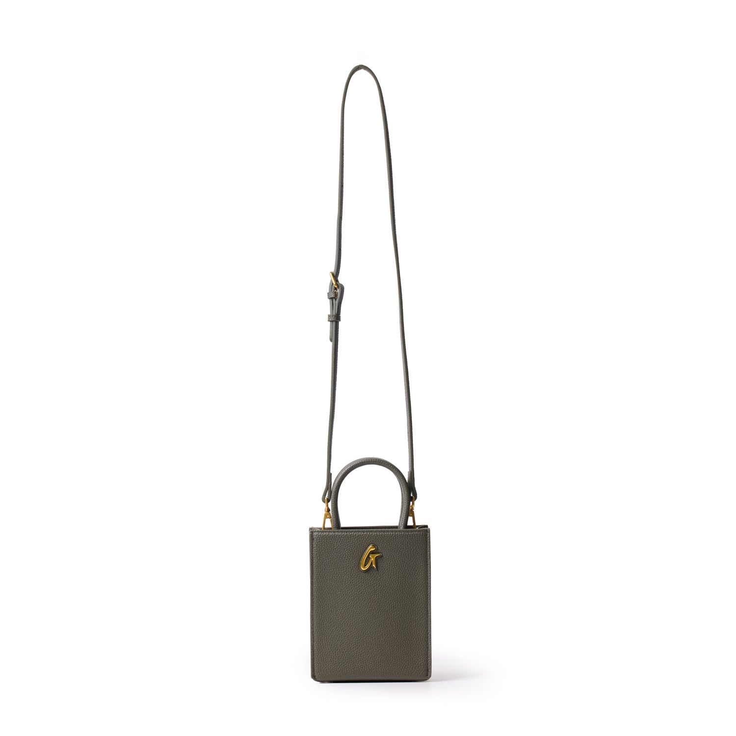 Mini pebble tote bag in olive green with a gold "G" logo, featuring a top handle and adjustable shoulder strap.