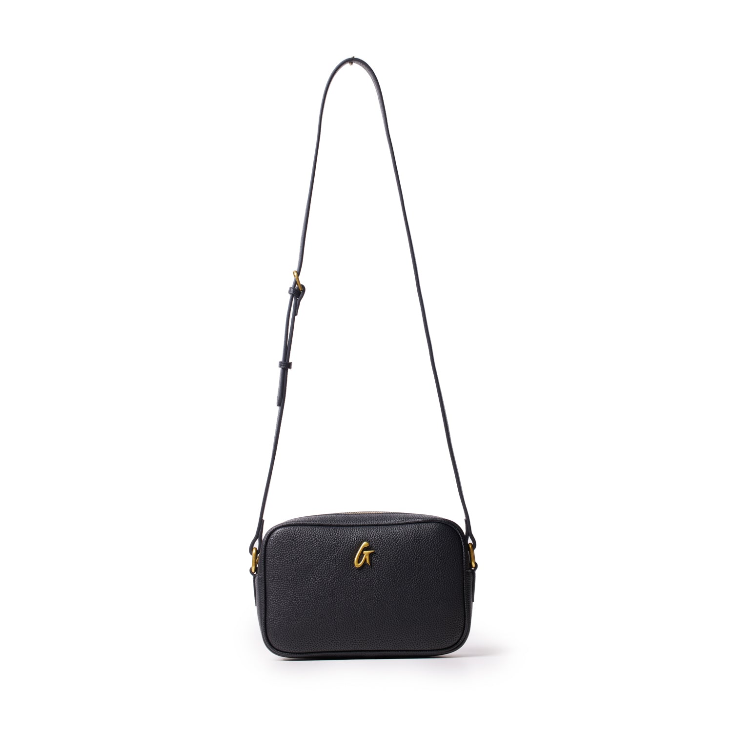 Black pebble-textured camera bag with a gold "G" logo and adjustable strap, designed for stylish camera storage.