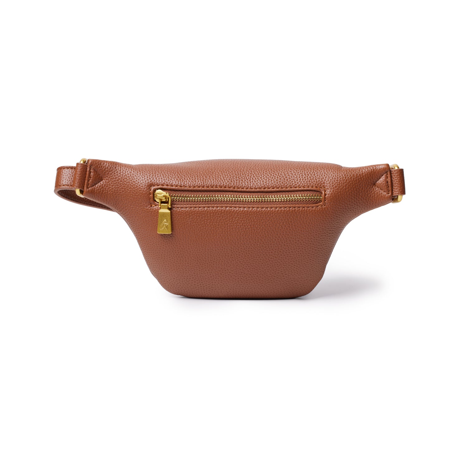 Brown pebble-textured fanny pack with gold zipper and hardware, featuring a front zip pocket and adjustable strap.