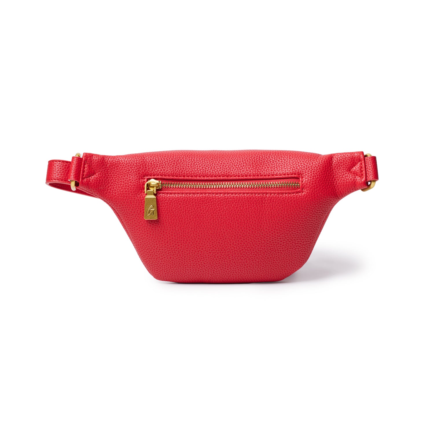 Red pebble leather fanny pack with gold zipper and adjustable strap, featuring a front zip pocket.