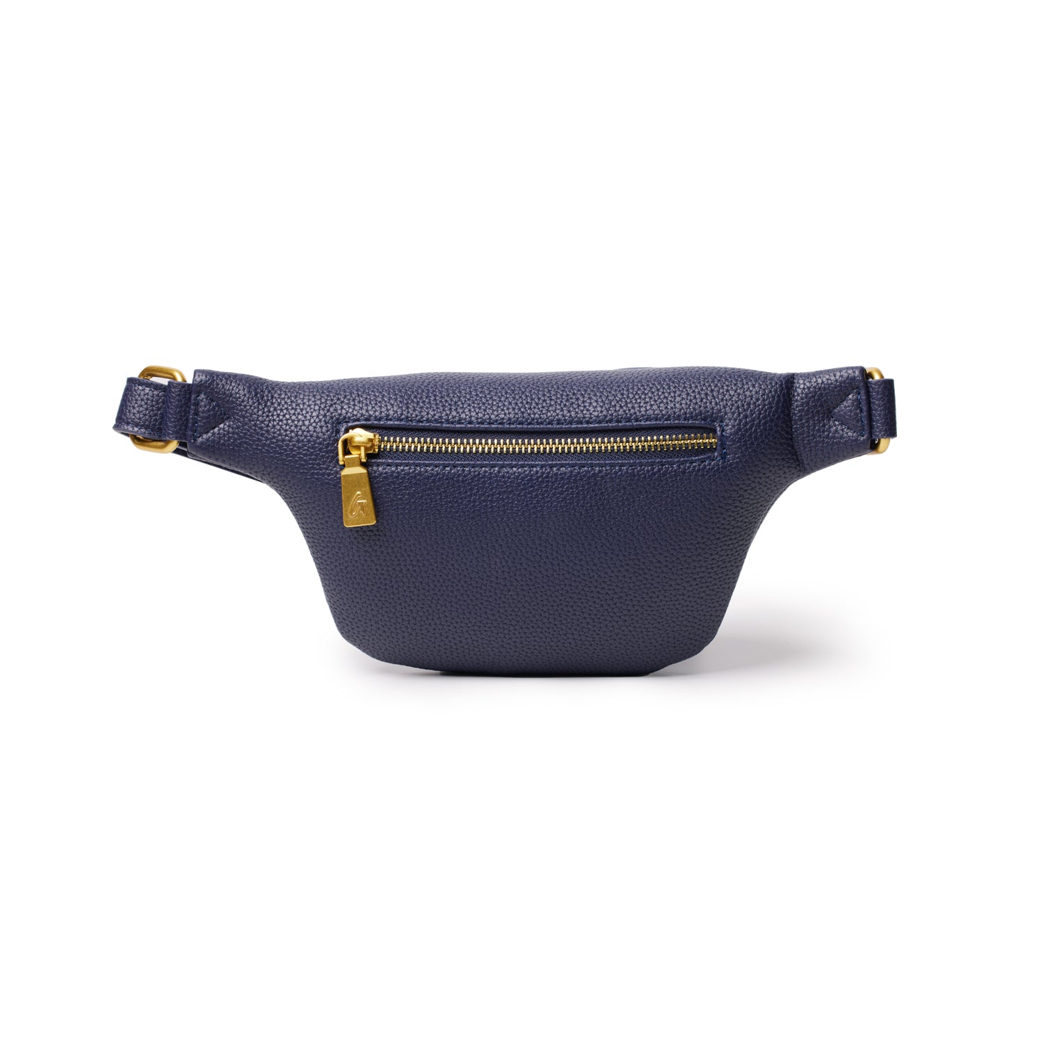 Mini navy pebble leather fanny pack with gold zipper and adjustable strap, stylish and compact for everyday use.