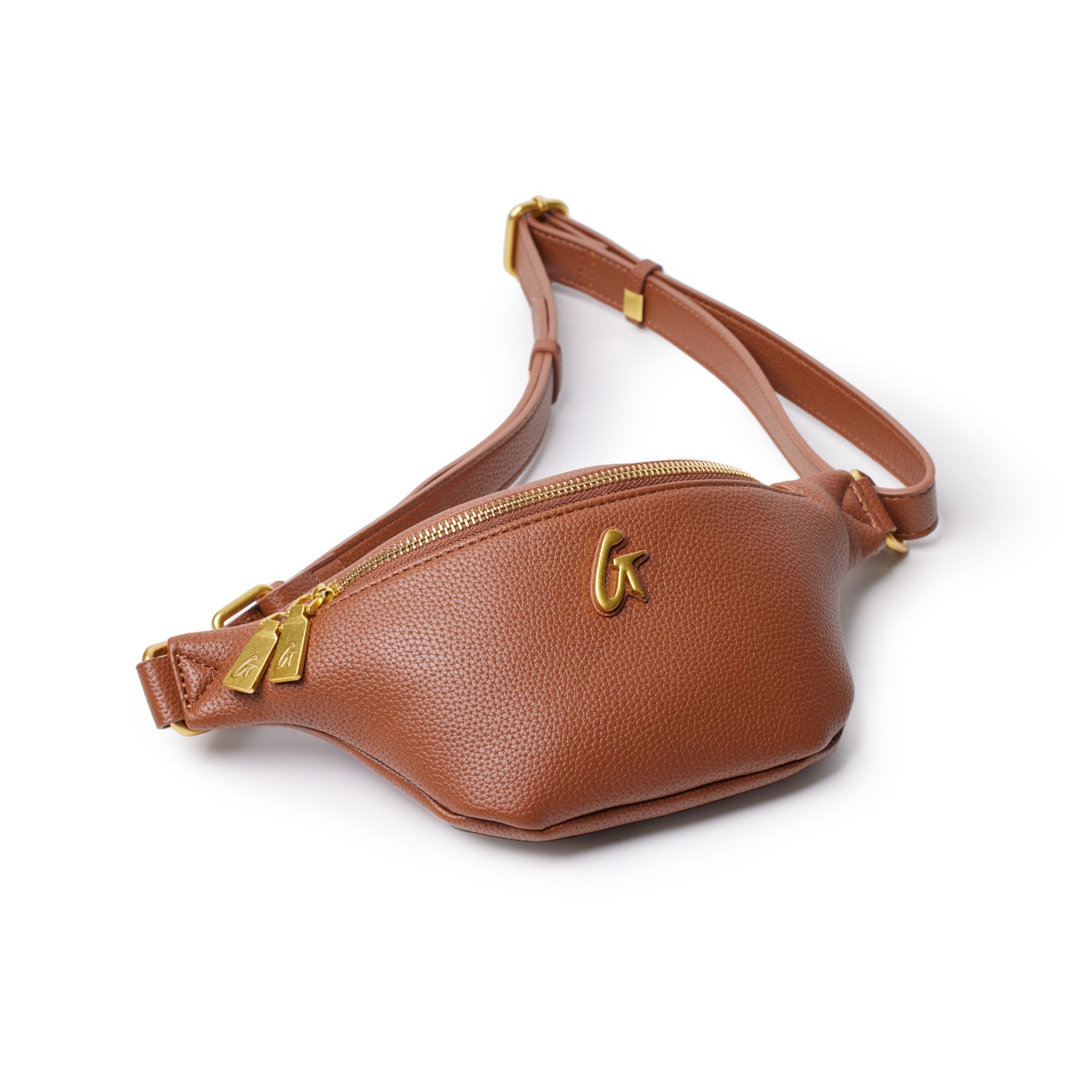 Brown mini pebble leather fanny pack with gold zipper and logo, adjustable strap, and compact design.