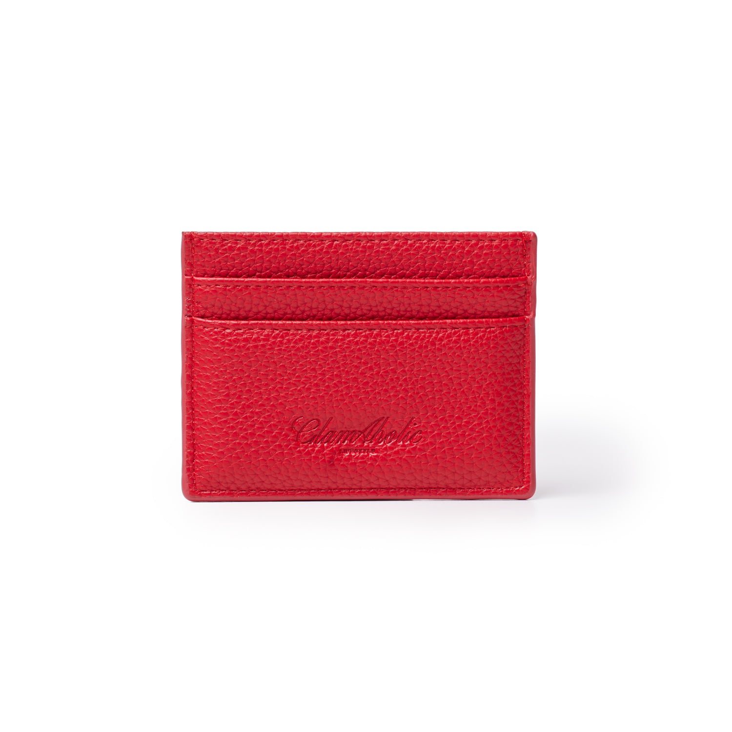 Red Pebble Card Holder with multiple card slots and embossed logo on a white background.