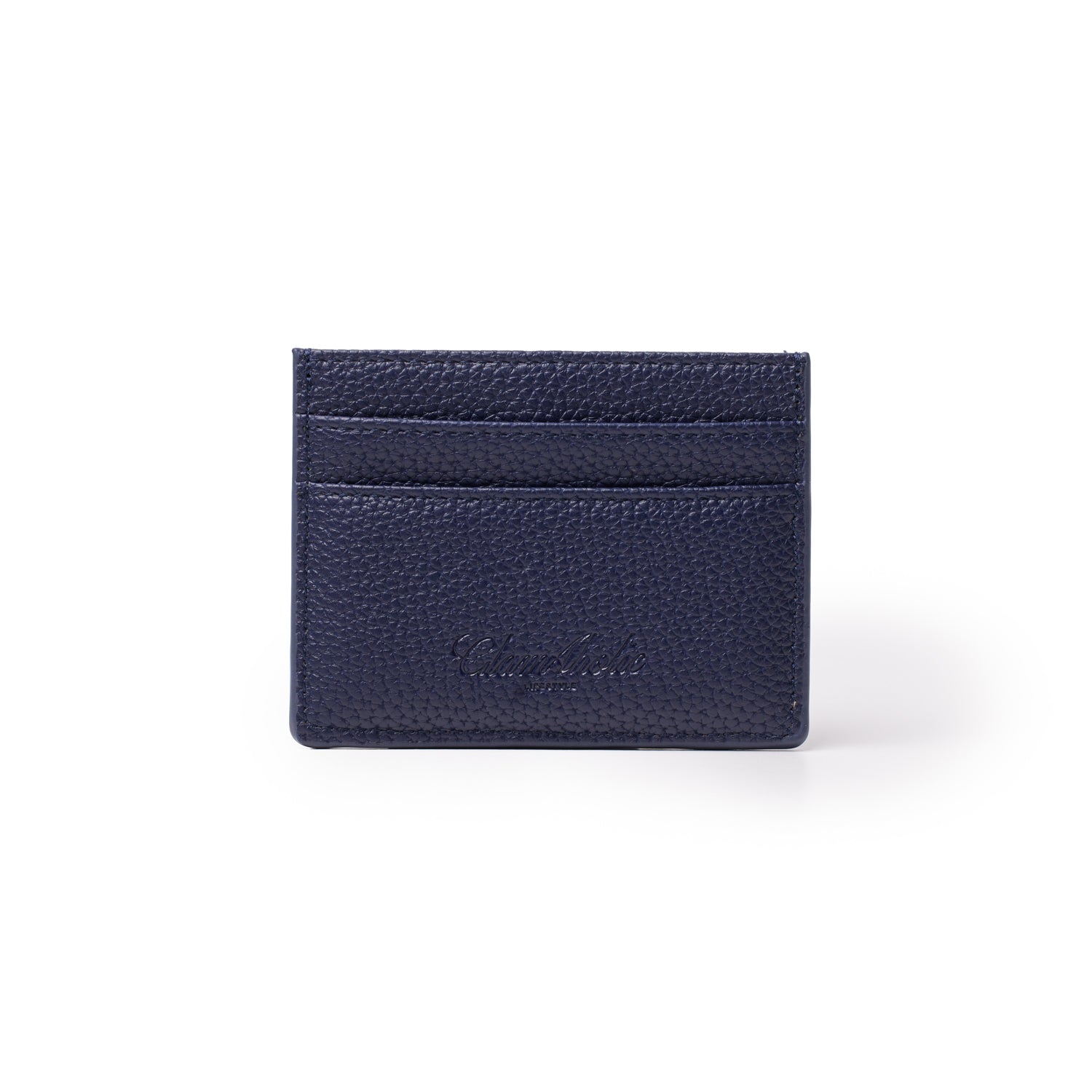 Navy pebble leather card holder with multiple card slots and embossed brand logo on front.
