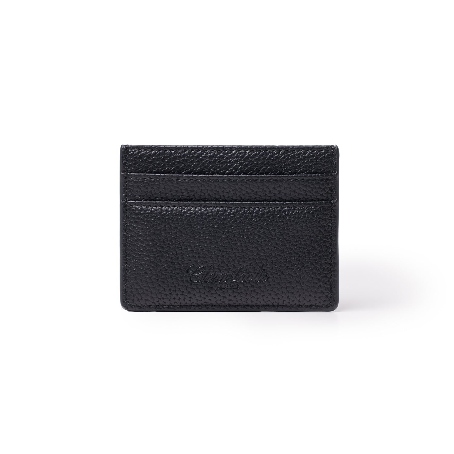 Black pebble leather card holder with multiple card slots and embossed logo on the front.