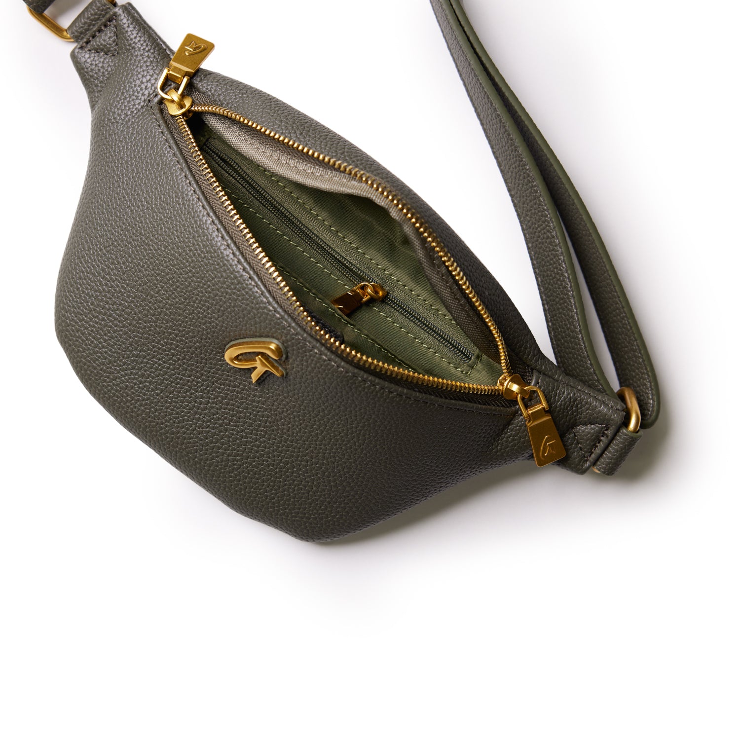 Olive green mini pebble fanny pack with gold zipper and logo, featuring a strap for wearing around the waist or crossbody.