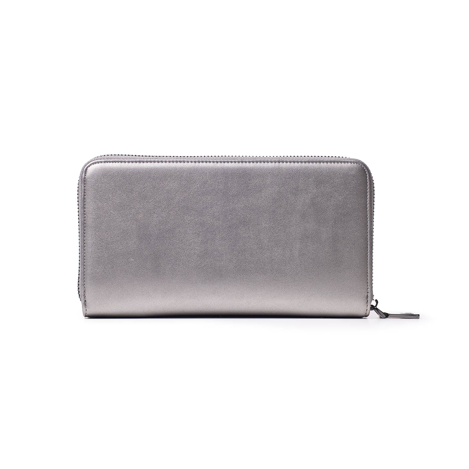 Jumbo signature logo wallet in platinum with a sleek, metallic finish and zip-around closure, designed for style and function.