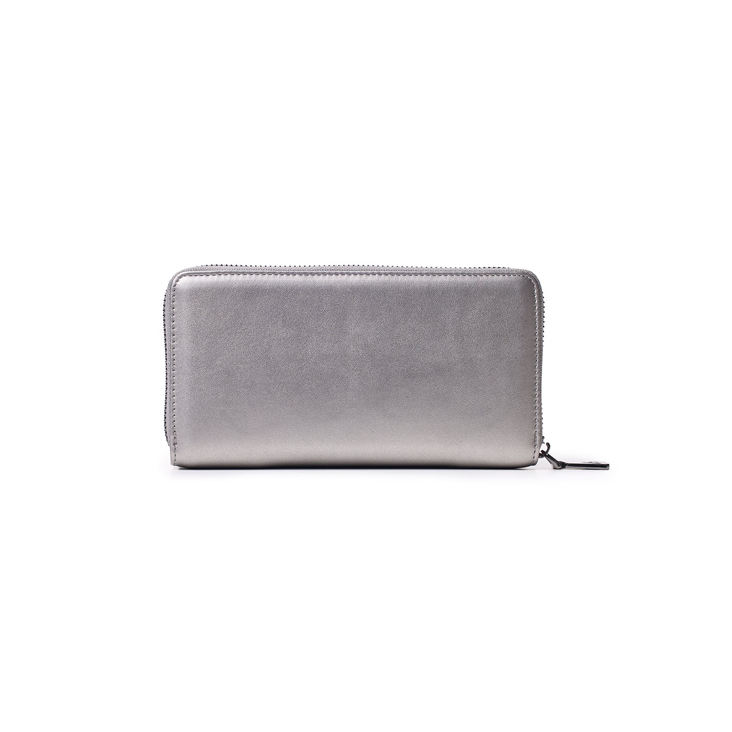 Silver platinum signature logo wallet with a sleek, rectangular design and zip-around closure, displayed against a white background.