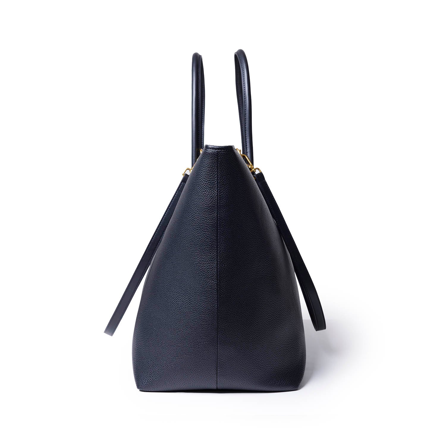 Black jumbo pebble tote bag with dual handles, gold hardware, and a textured leather finish, shown from a side view.