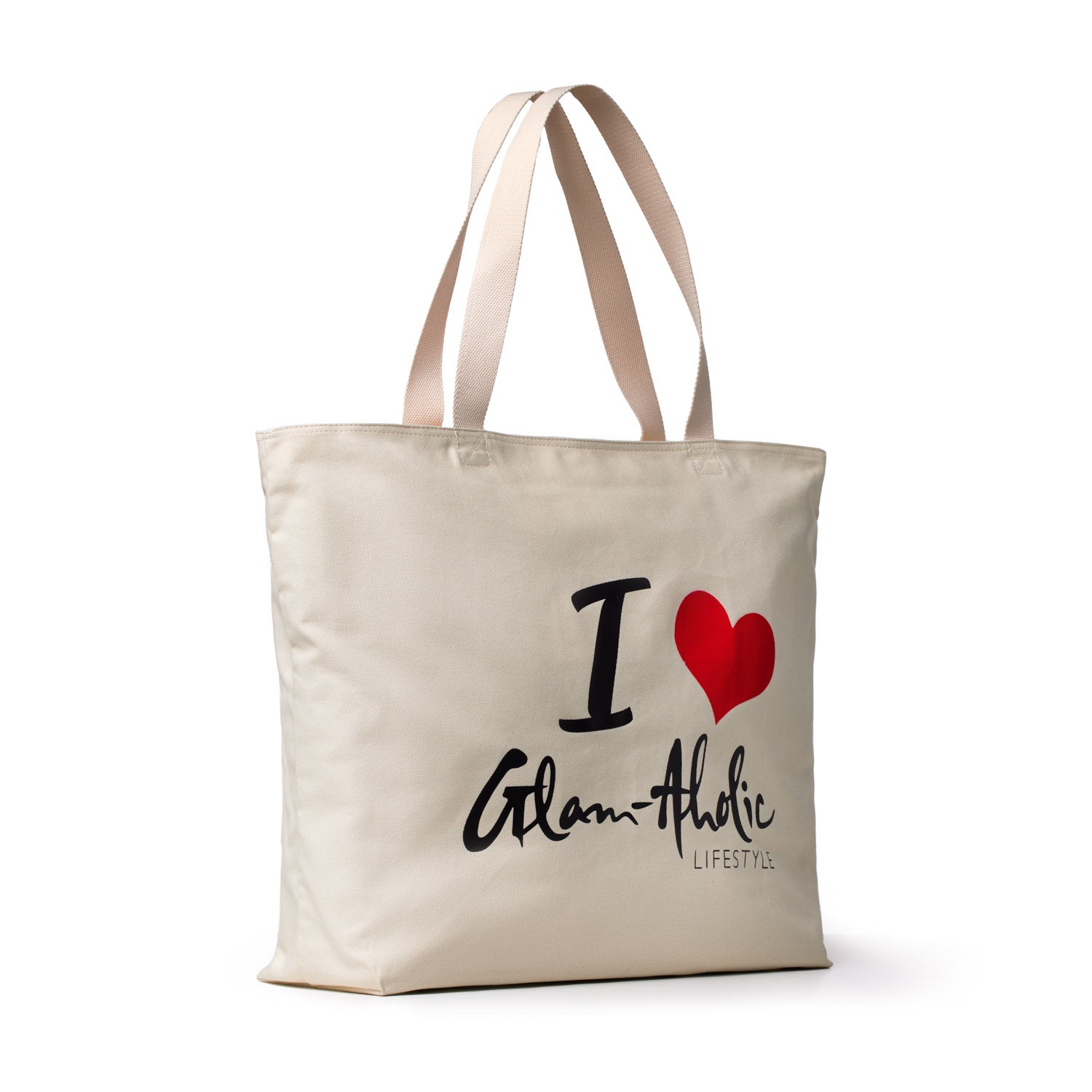 Red canvas tote bag with "I ♥ Glam-Addic Lifestyle" printed in black and red, featuring beige handles.