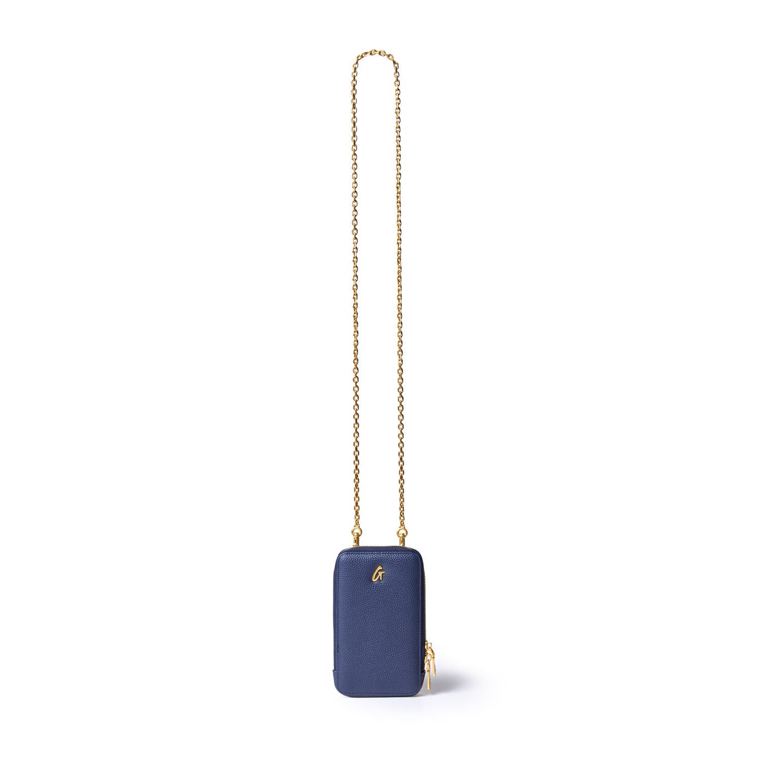 Navy Pebble phone crossbody bag with a gold chain strap and small gold logo, featuring a zipper closure.