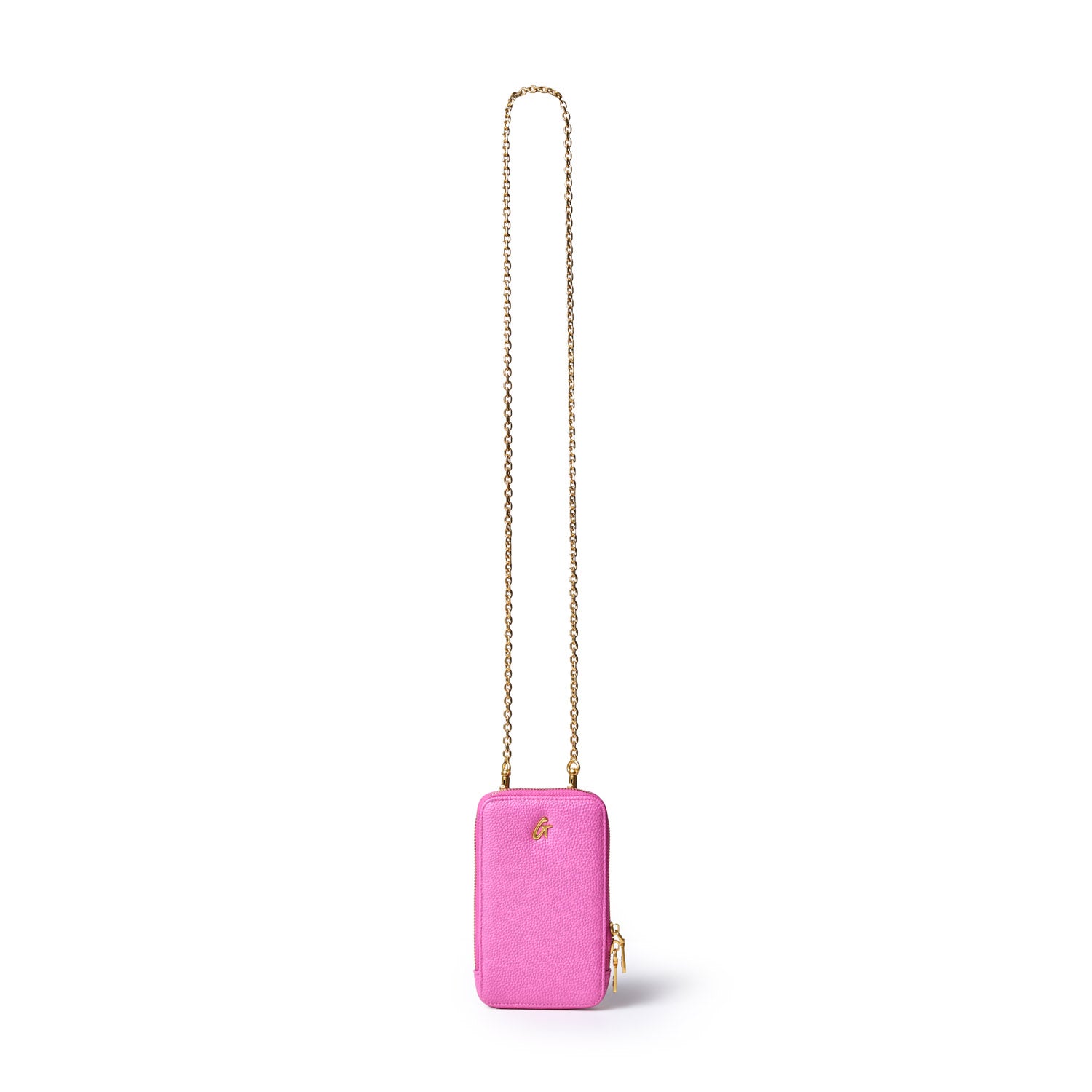 Pink pebble phone crossbody bag with a gold chain strap and small gold logo, designed for carrying a phone and essentials.