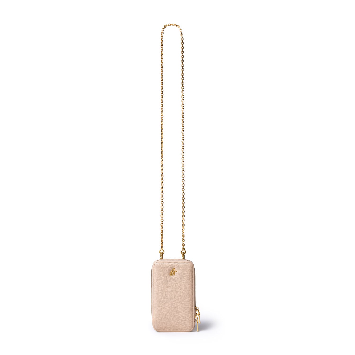 Nude Pebble Phone Crossbody bag with a gold chain strap and small gold logo, compact and stylish for everyday use.