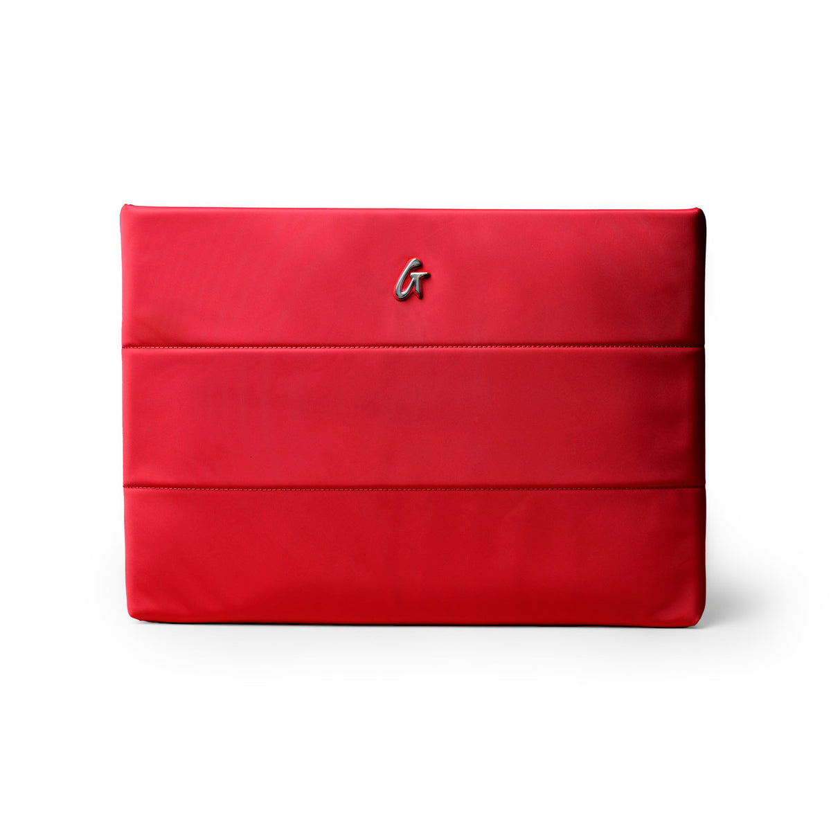 Red nylon laptop sleeve featuring a sleek design and embossed logo, perfect for stylish protection of your device.