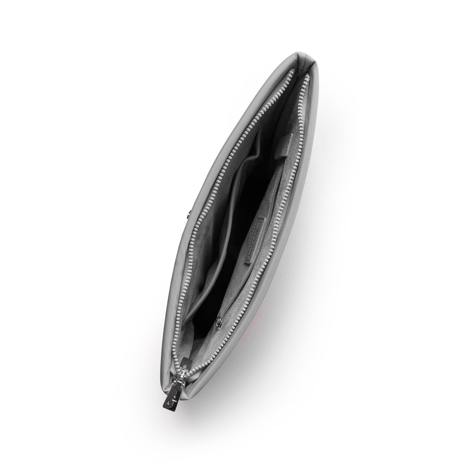 Gray nylon laptop sleeve with a sleek design, featuring dual zippered compartments for organized storage.