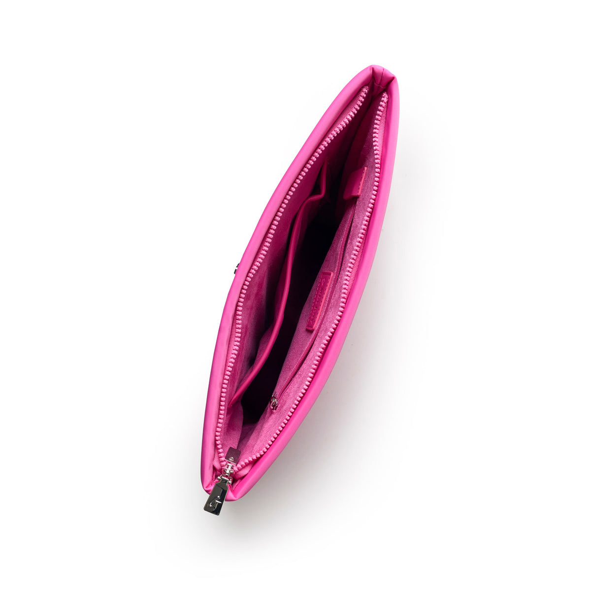 Hot pink nylon laptop sleeve with a zip closure and spacious interior for stylish protection of devices.