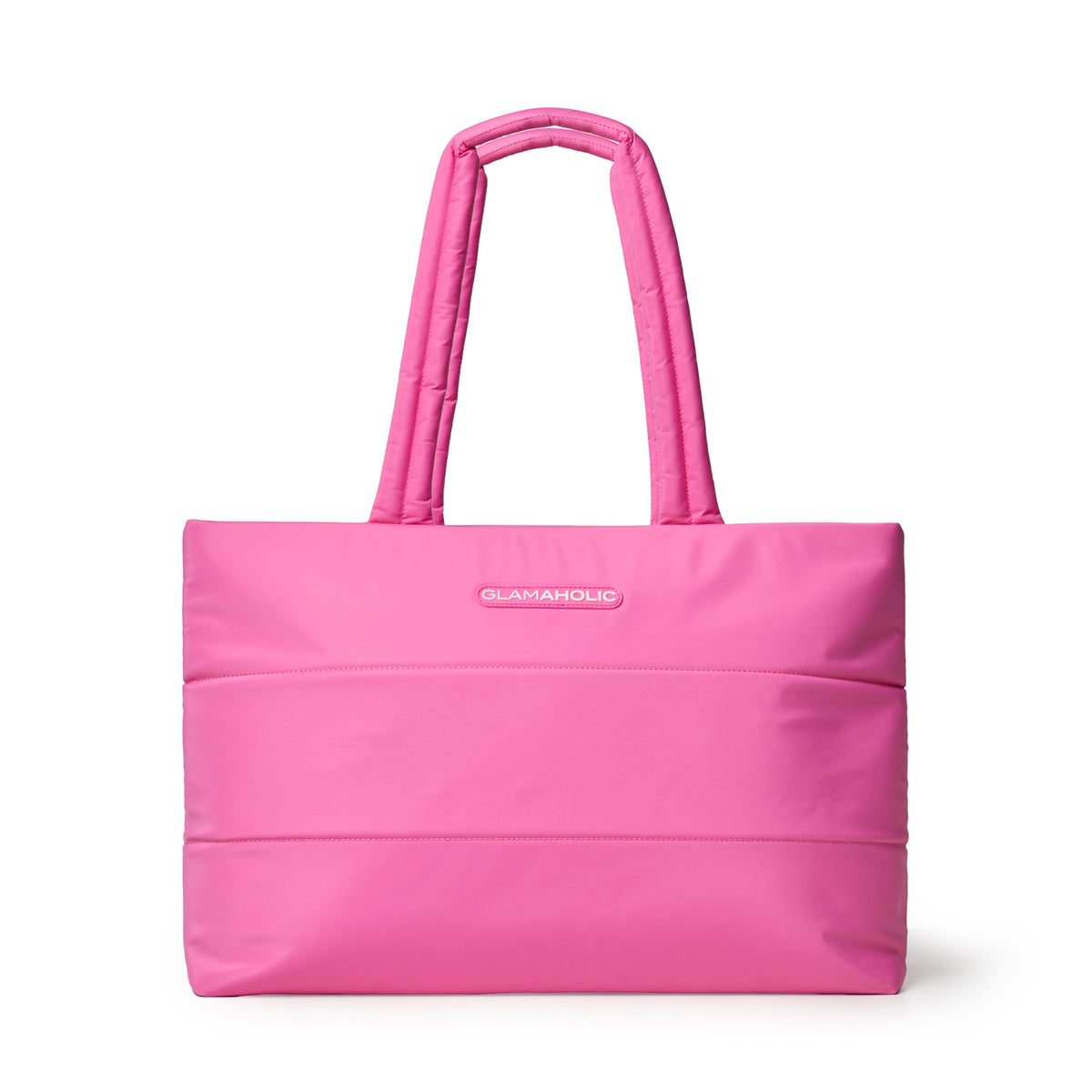 Hot pink athletic nylon tote bag with padded handles and sleek design, perfect for stylish on-the-go use.