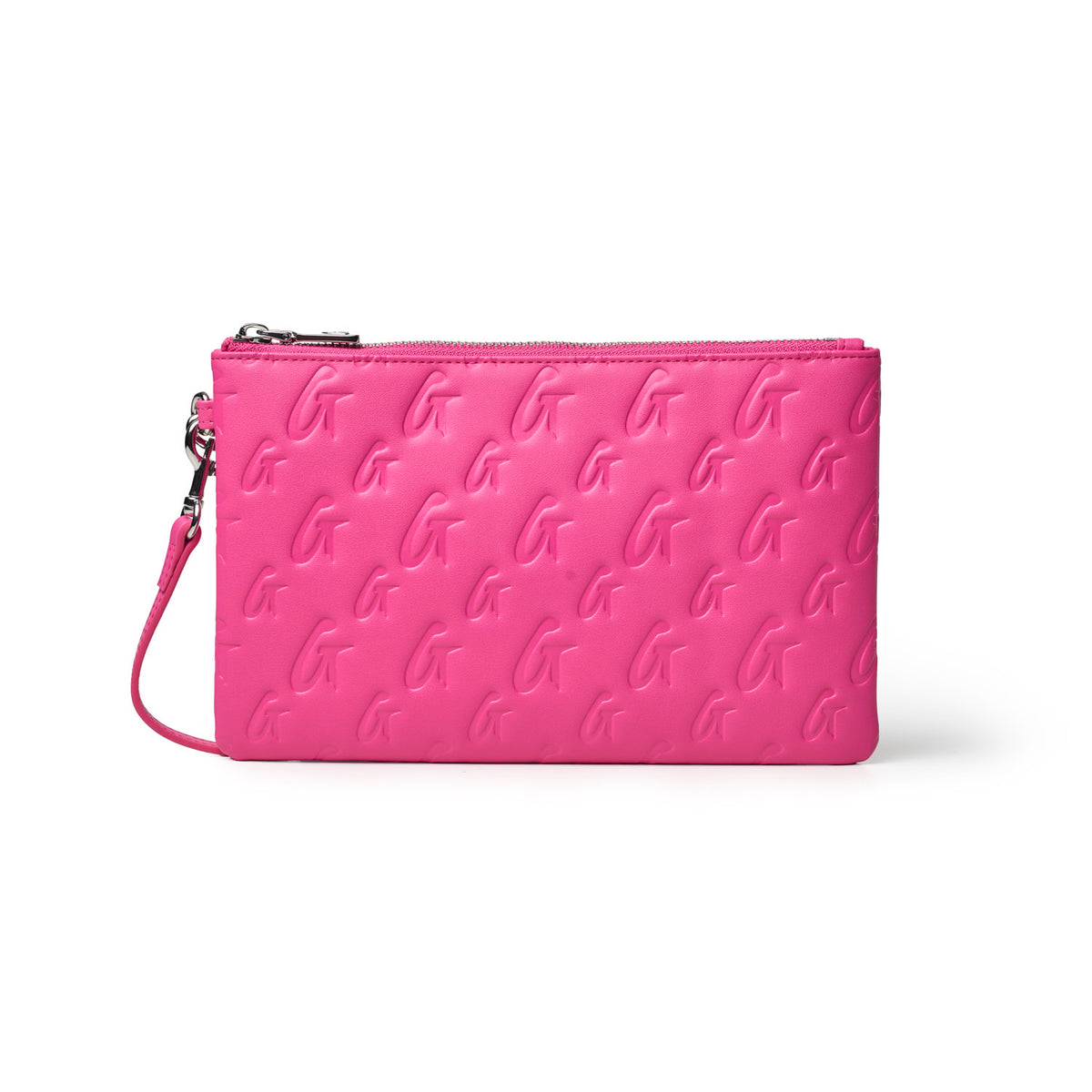 Hot pink monogram wristlet featuring a sleek design and convenient wrist strap, perfect for stylish on-the-go use.